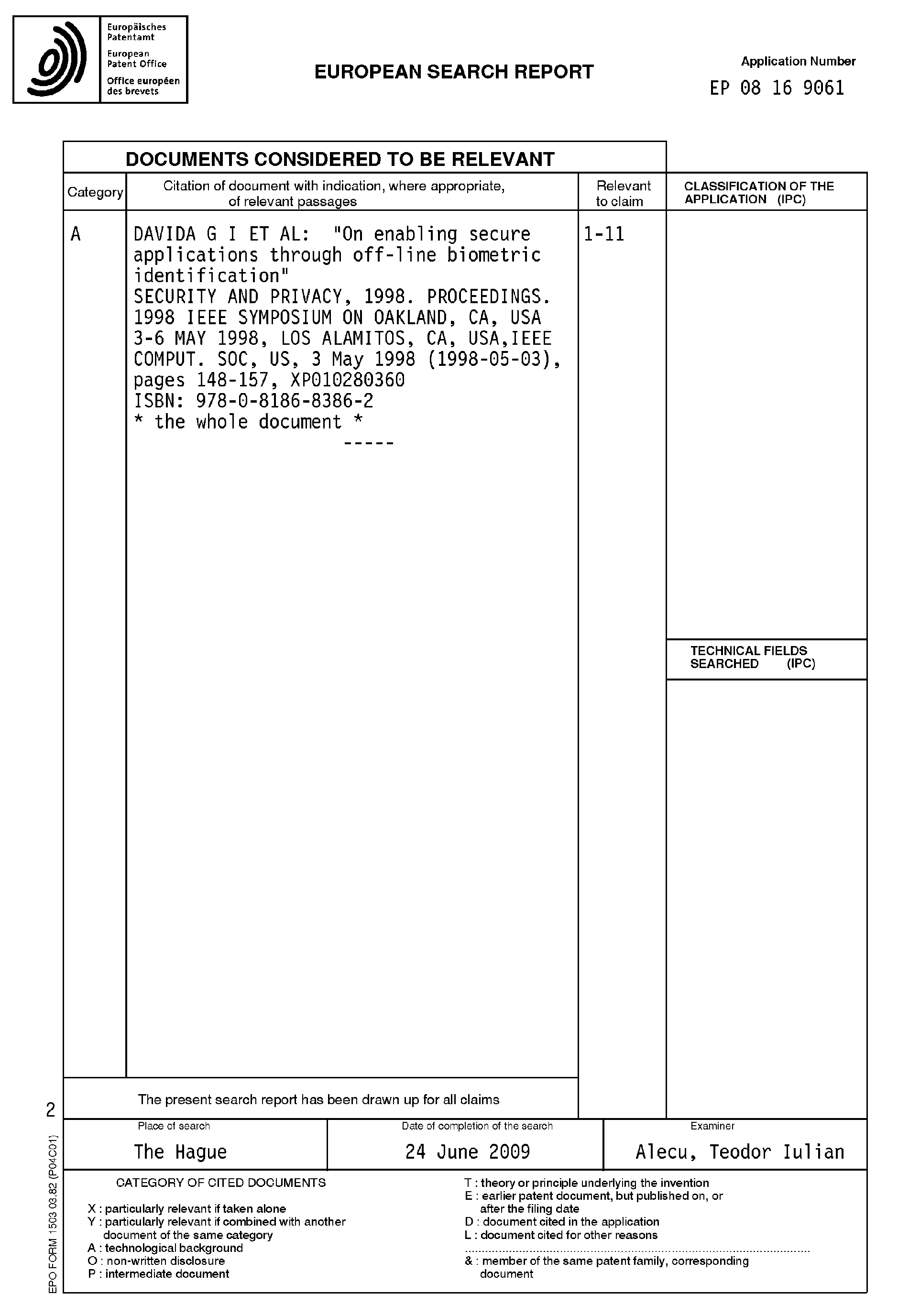 patent ep2187338a1 biometric pseudonyms of a fixed sized template