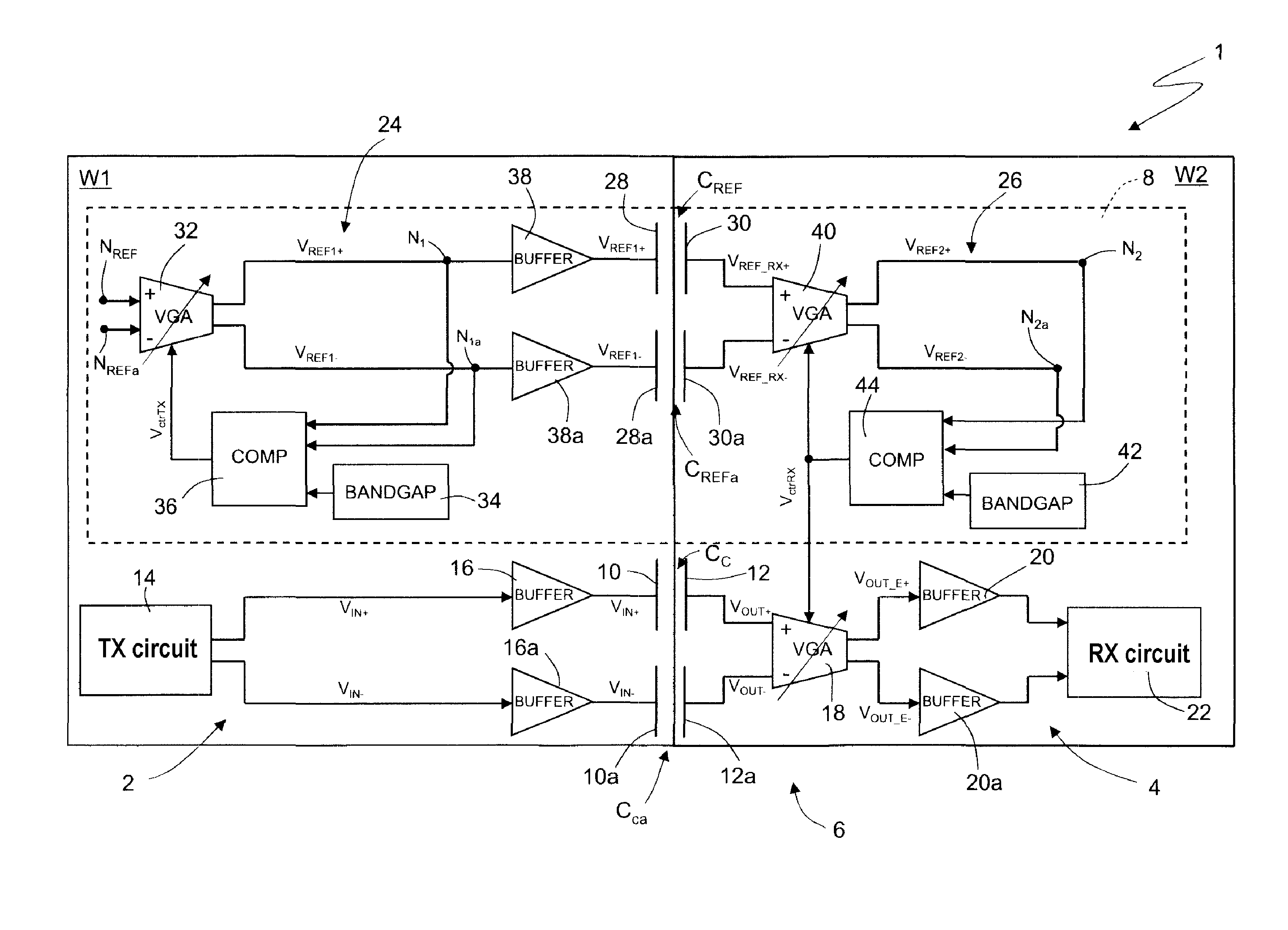 amplifier and an output coupled to control terminals of the reception amplifier and an output coupled to control terminals of the reception