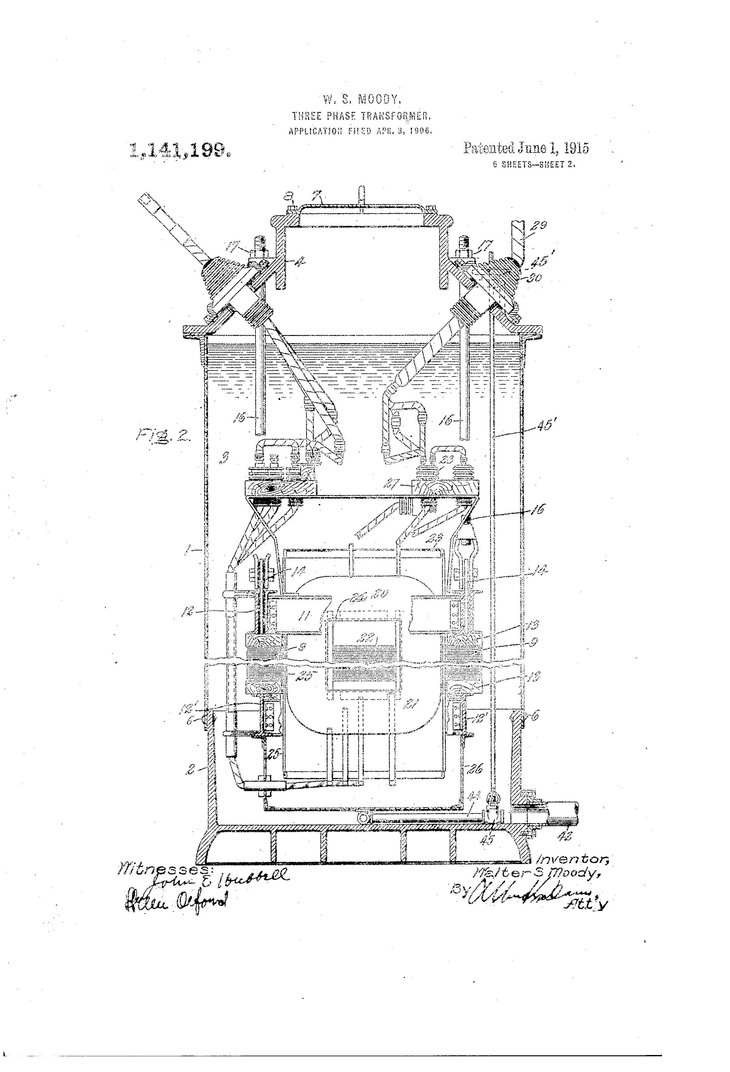 Patent Drawing Patent US1141199 - Three-phase transformer. - Google Patents