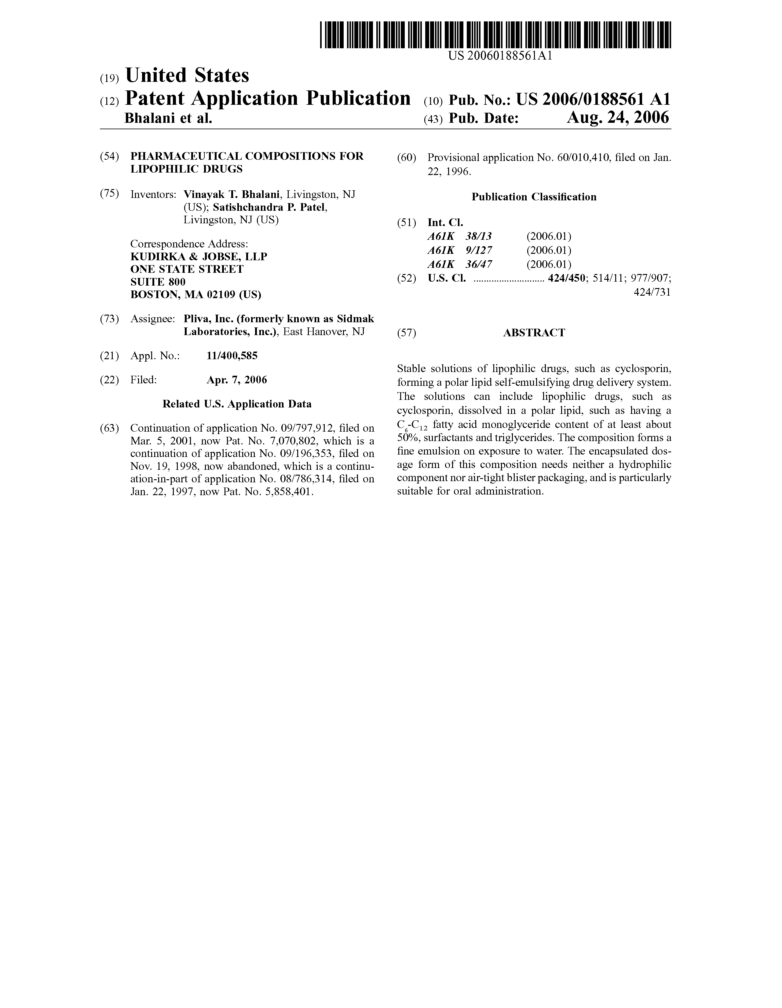 Brevetto US20060188561 - Pharmaceutical compositions for Brevetto US20060188561 - Pharmaceutical compositions for