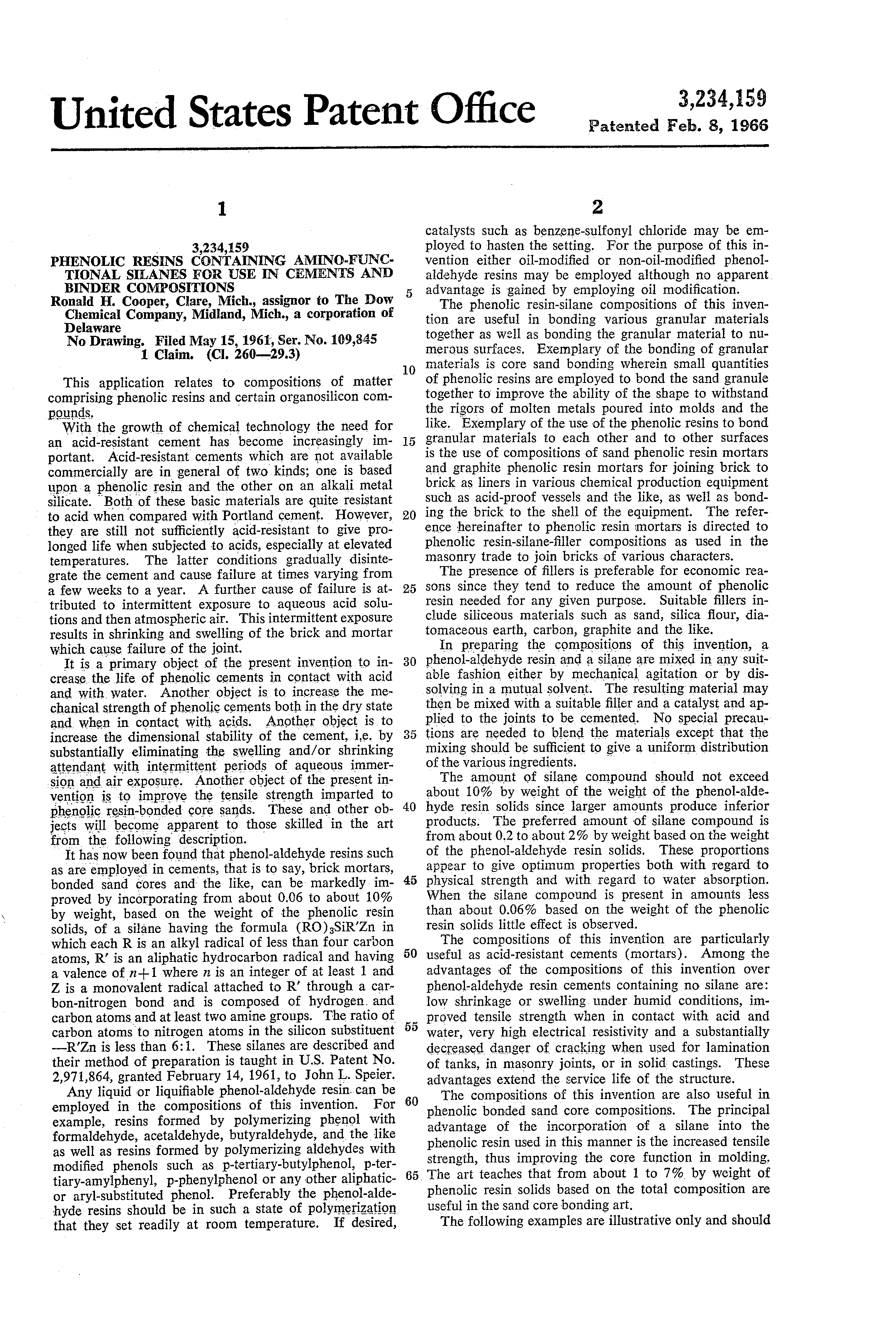 Patent US3234159 Phenolic resins containing amino functional silanes for use in cements and Patent US3234159 Phenolic resins containing amino functional silanes for use in cements and