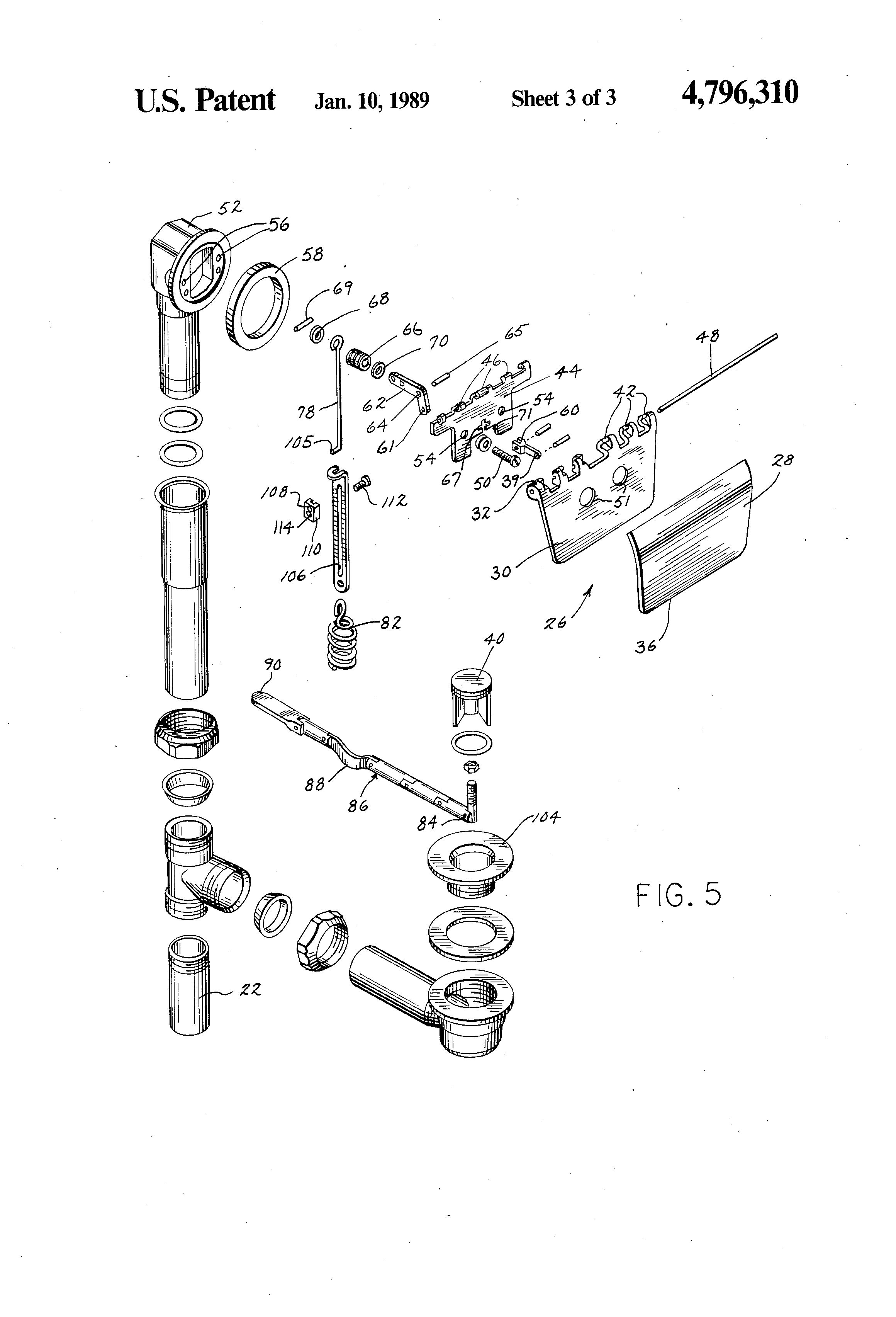 Patent Us4796310 Bathtub Drain Valve Control And Overflow Plate Patent Drawing