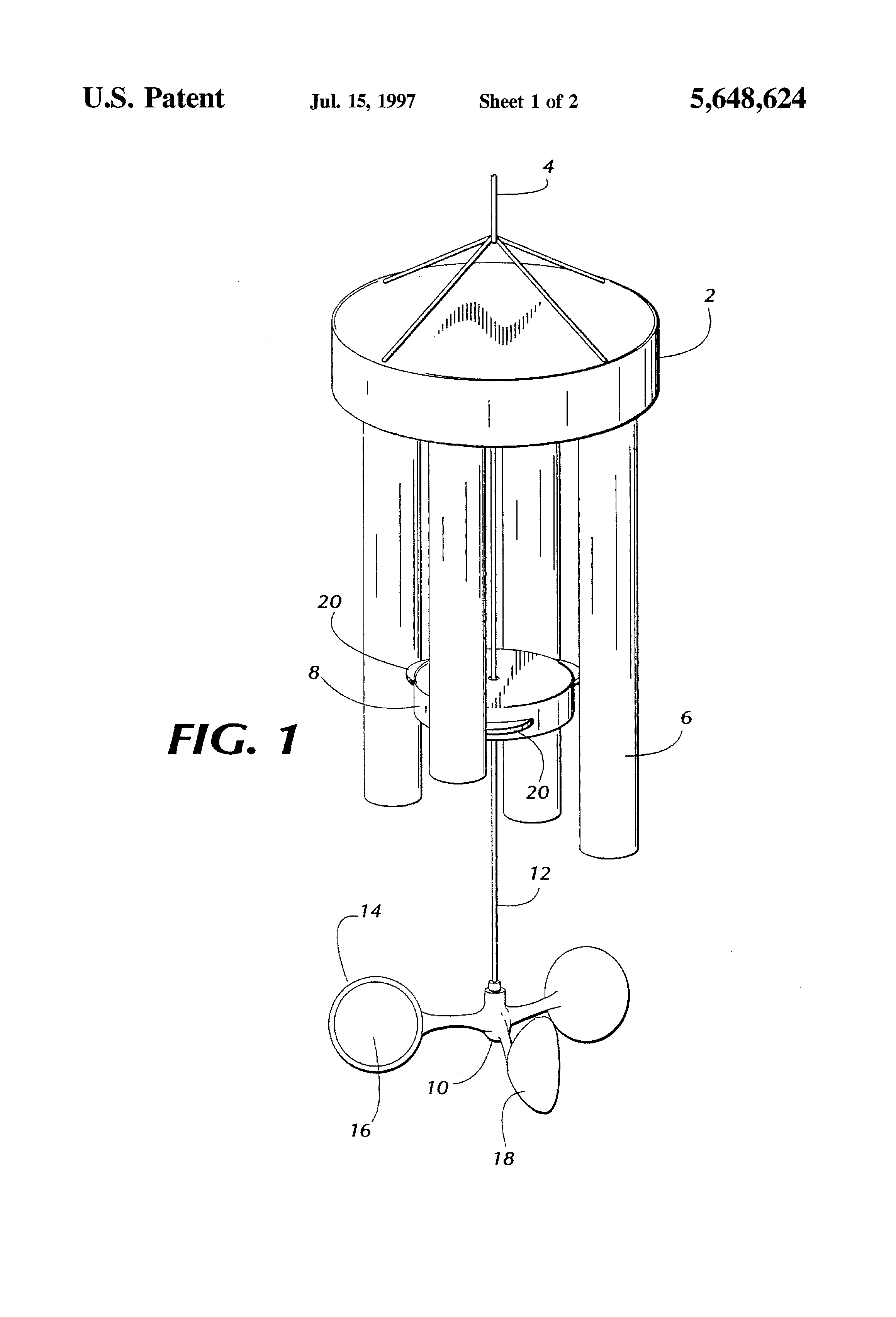 Patent Us5648624 Wind Chime Having A Rotating Striker Google Patent Drawing