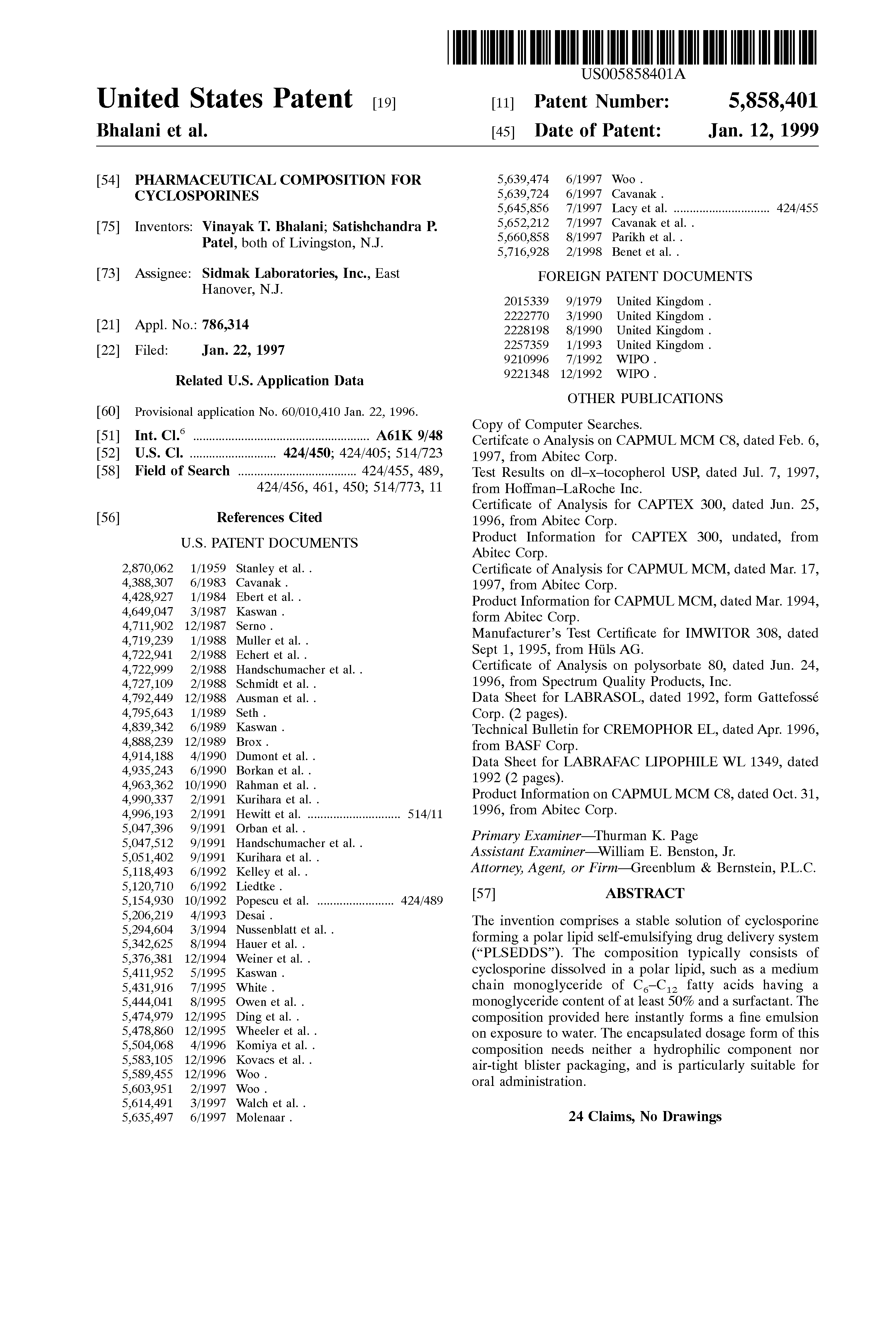Patent US5858401 - Pharmaceutical composition for Patent US5858401 - Pharmaceutical composition for