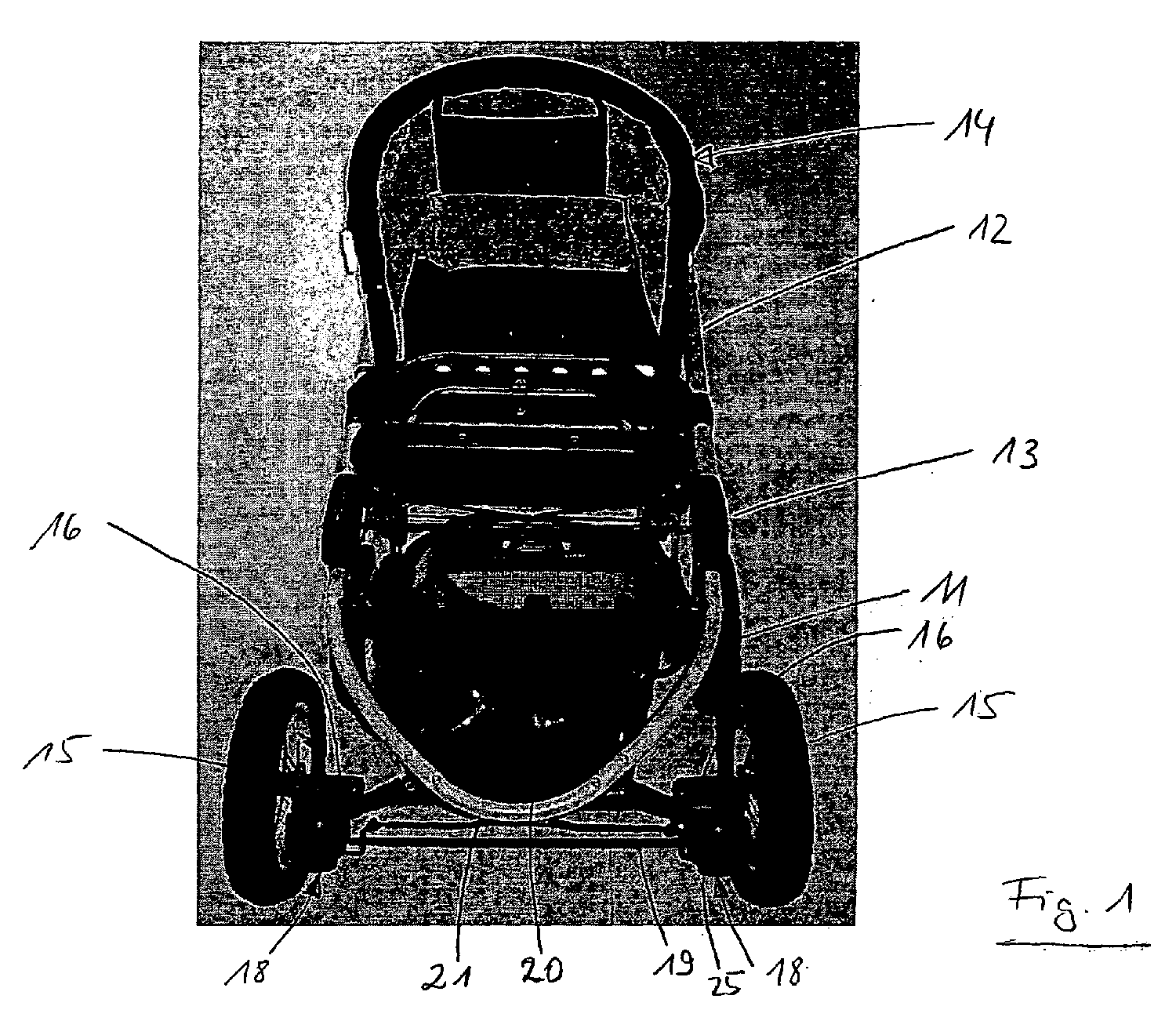 pram with wheels swivelling against an elastic biasing element