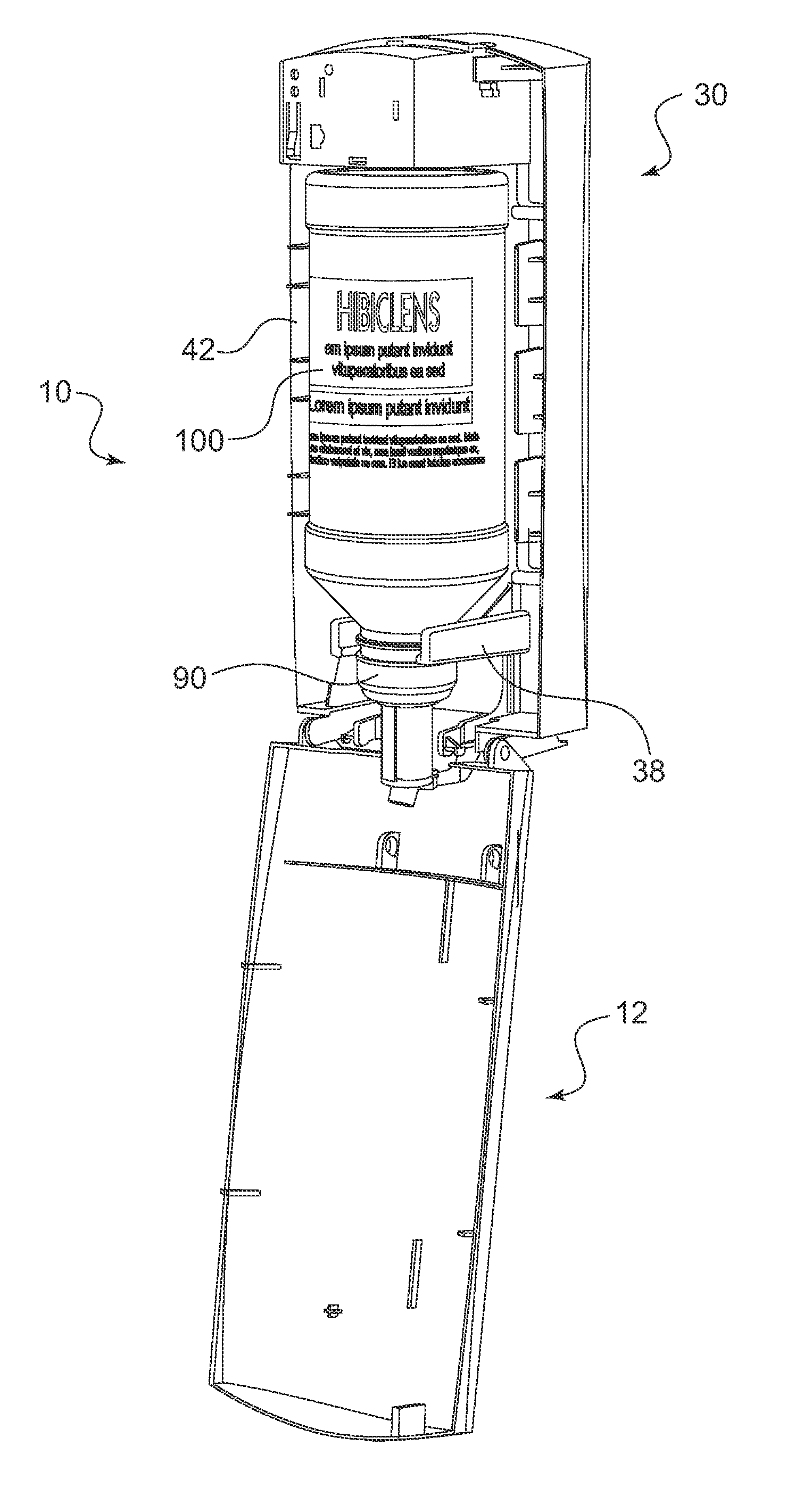 Patent US8308027 Automatic soap dispenser with topside motor and