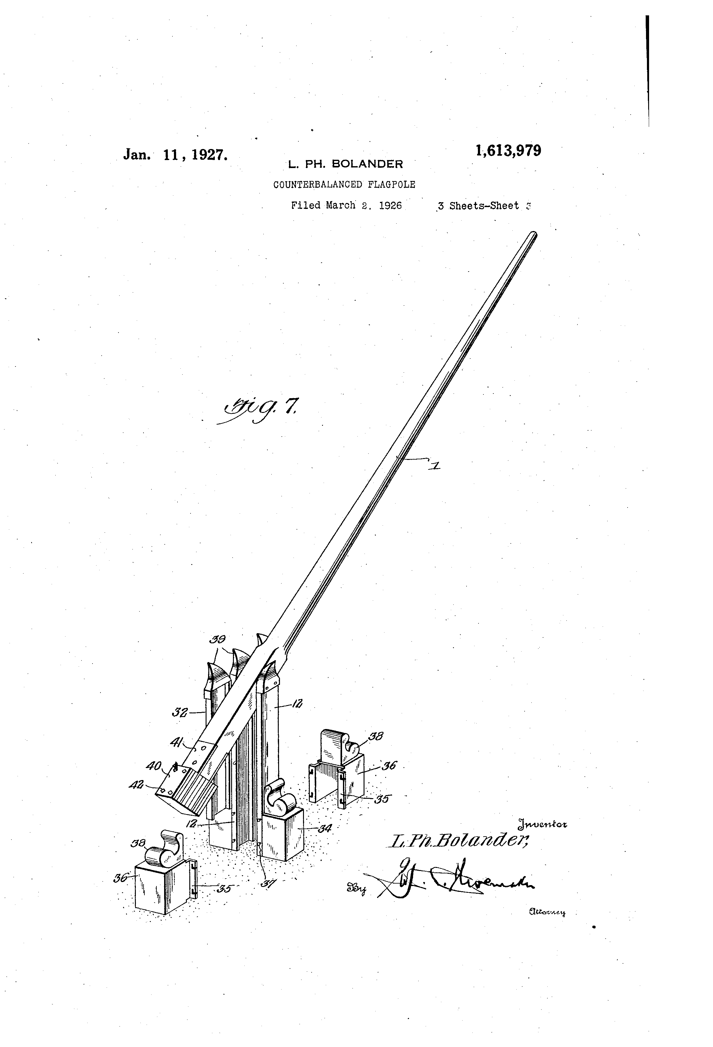 Patent US1613979 Counterbalanced flagpole Google Patents