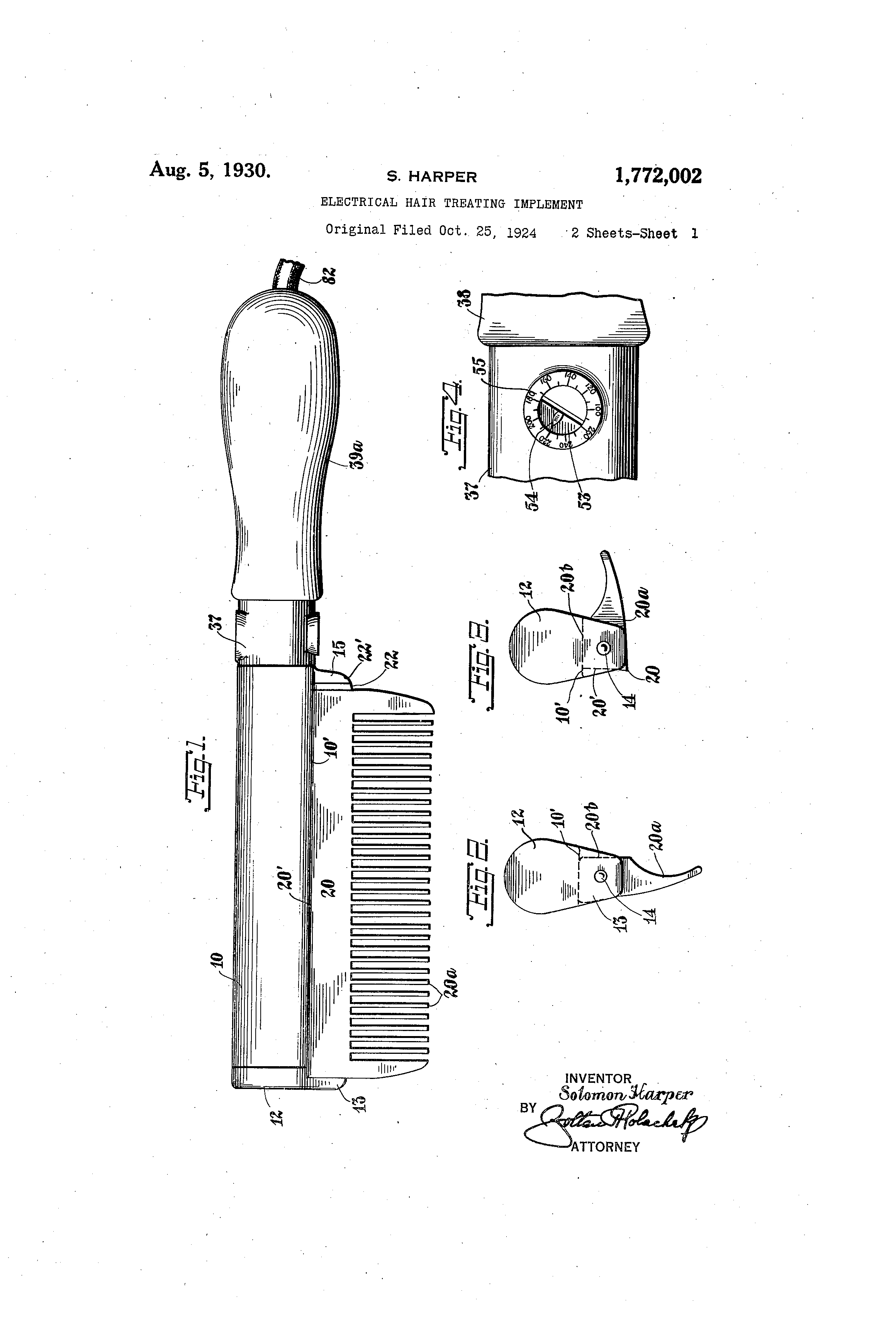 Patent US1772002 Electrical hairtreating implement Google Patents