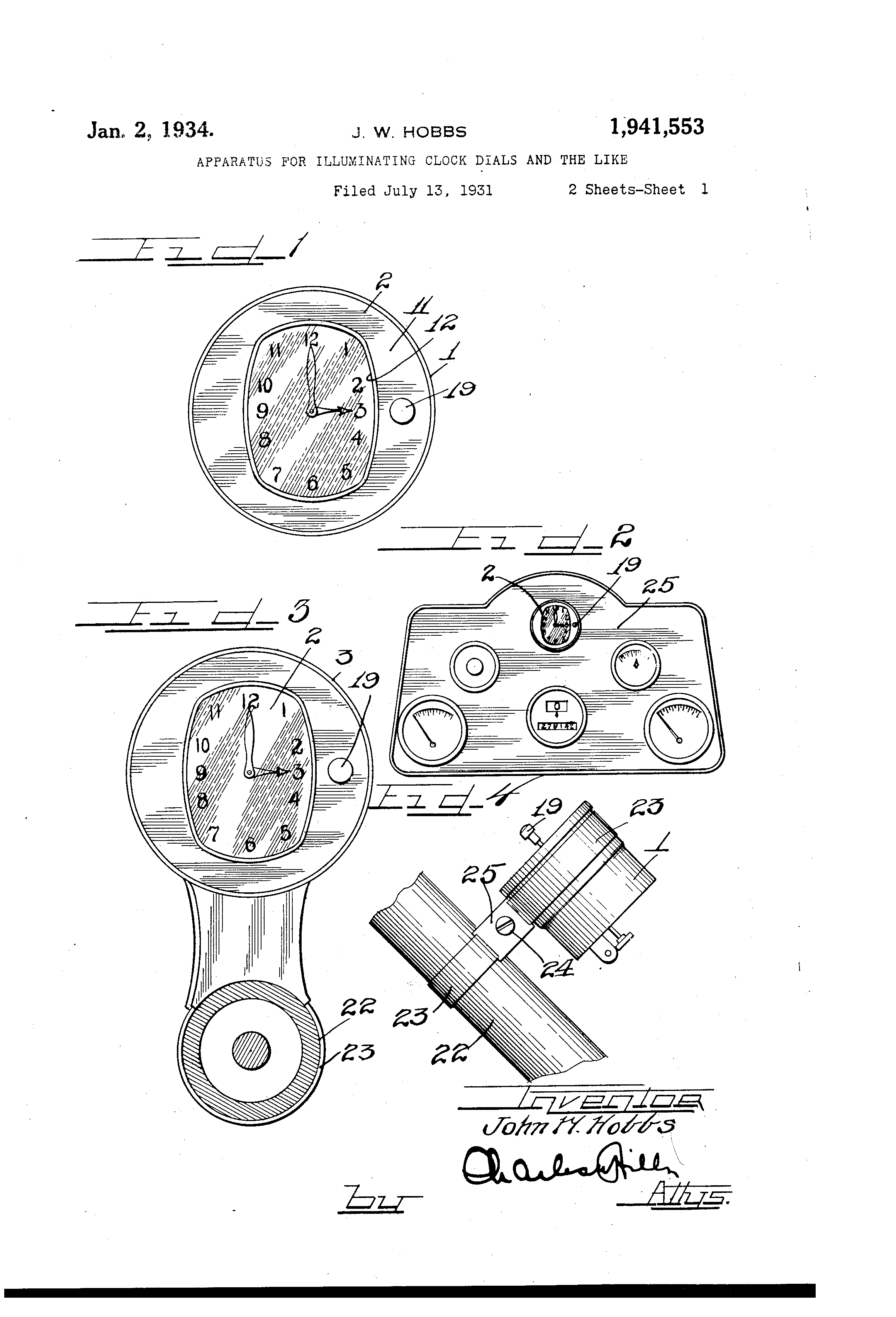 Patent Clock Illuminate Auto By John W Hobbs Issued Jan 2 1934