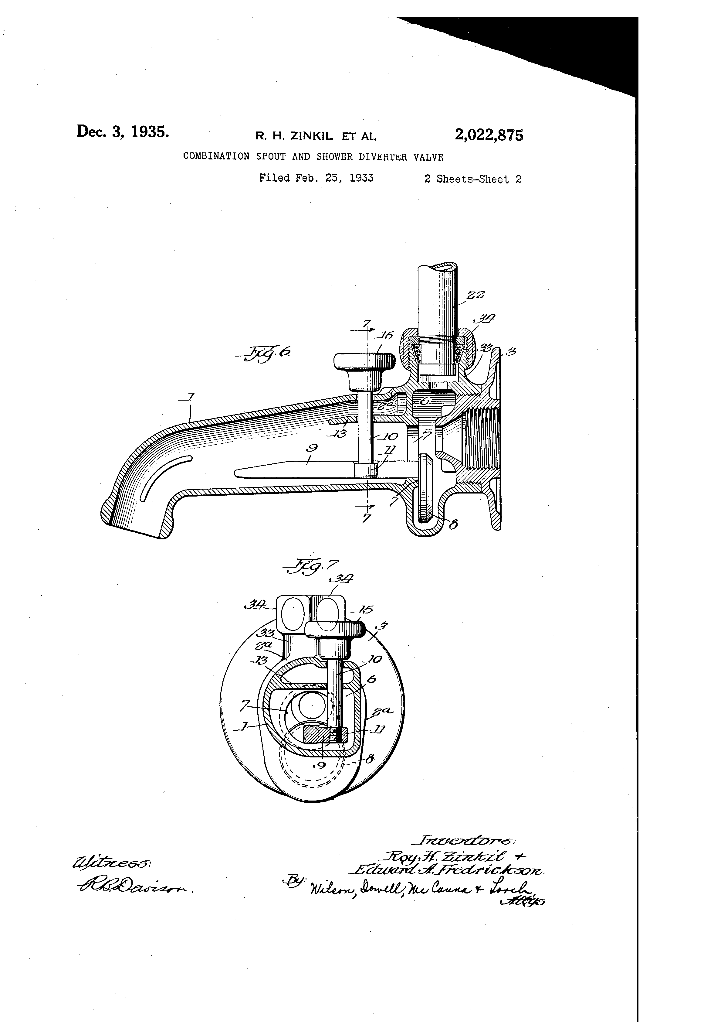 Patent Us2022875 Combination Spout And Shower Diverter Valve Patent Drawing
