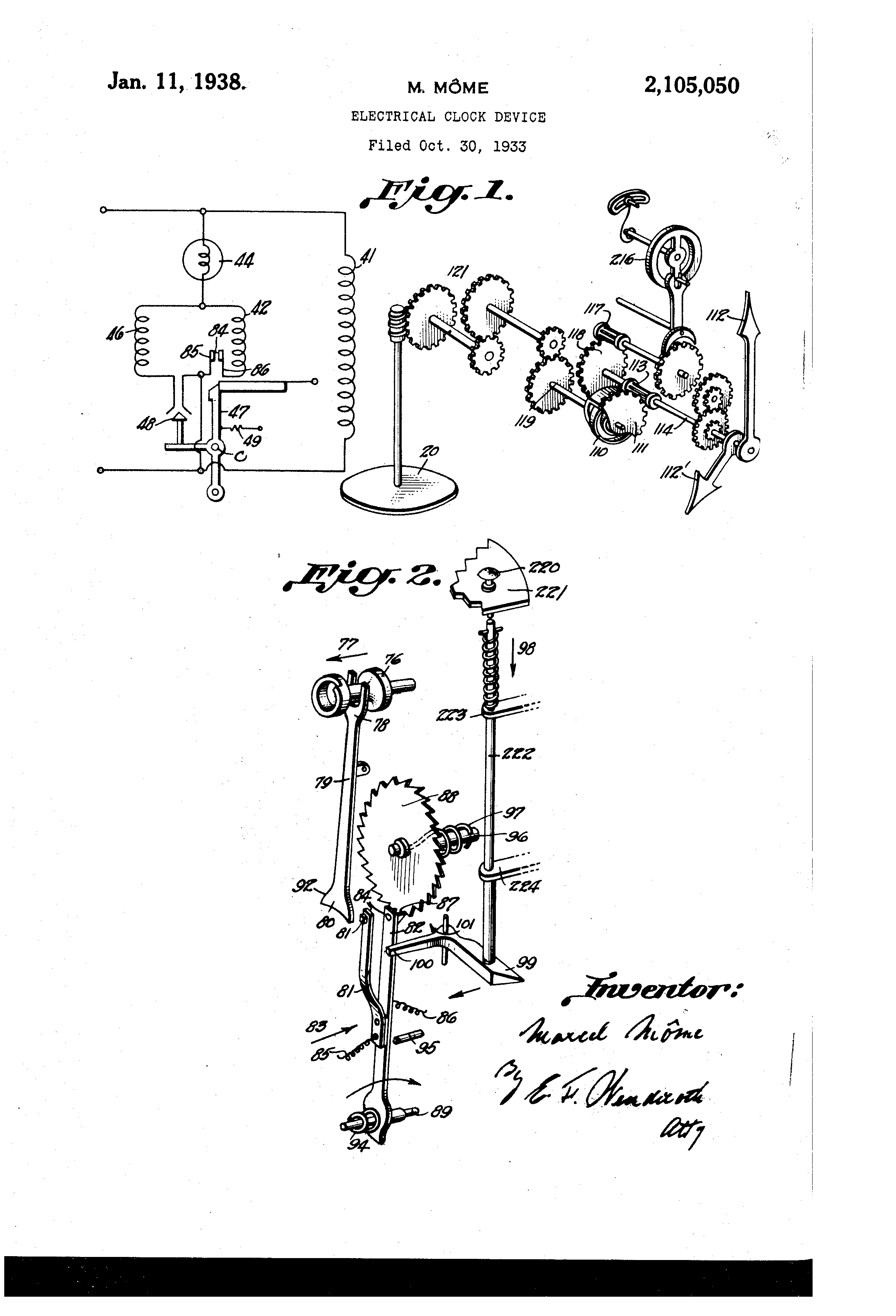 Patent Clock Device Electric by Marcel Mome Issued Jan 11, 1938