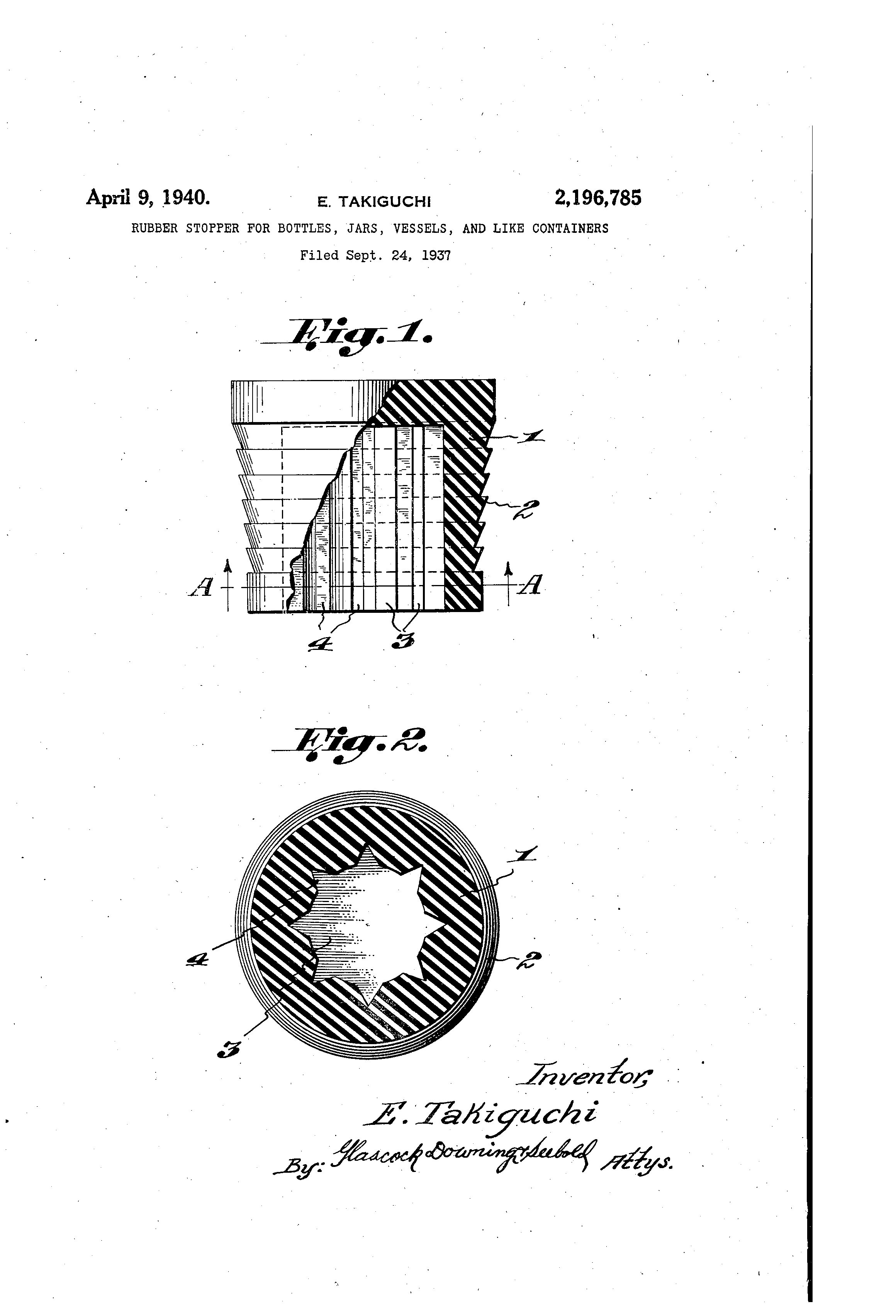 Patent US2196785 Rubber stopper for bottles, jars, vessels, and like