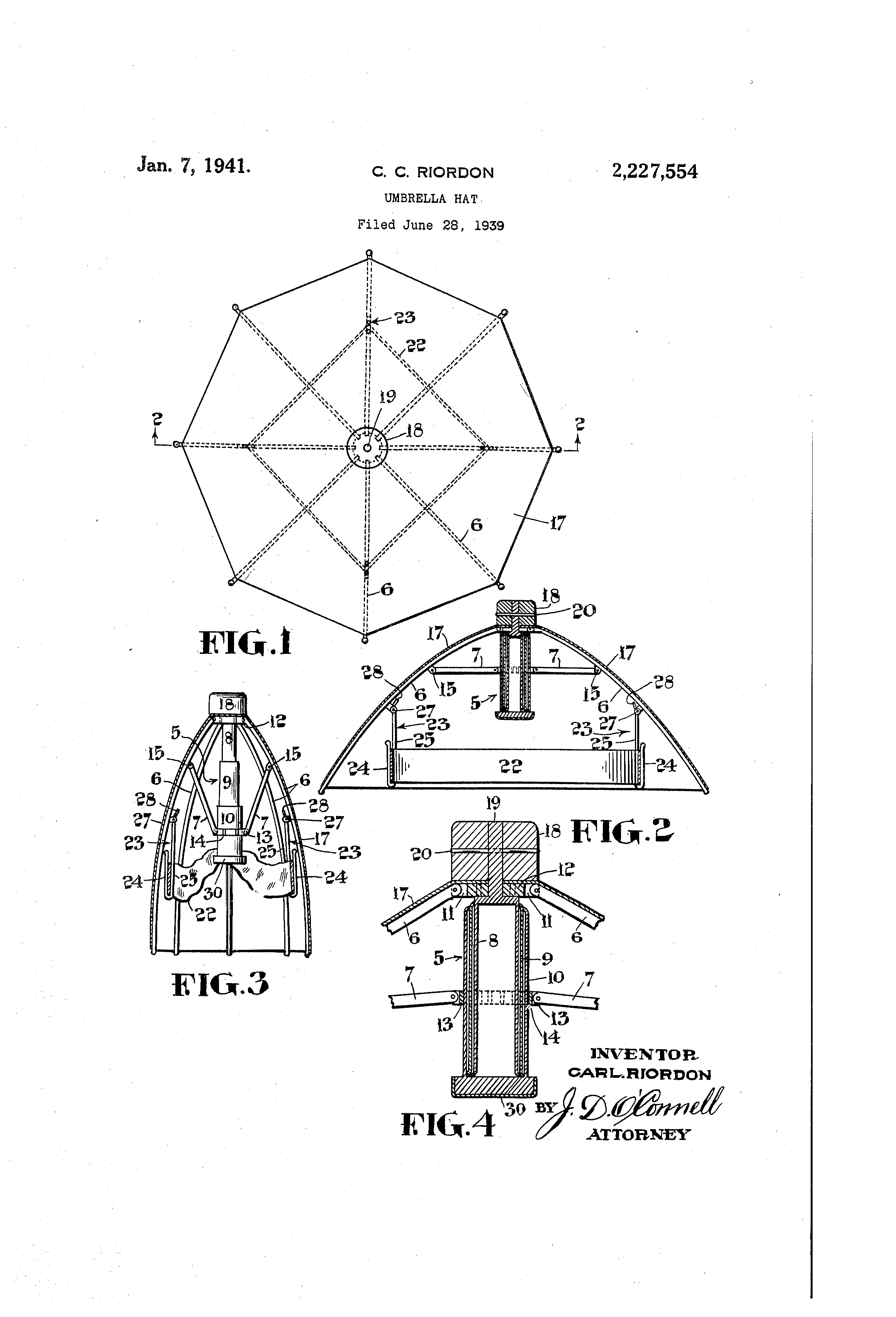 Patent US2227554 Umbrella hat Google Patents