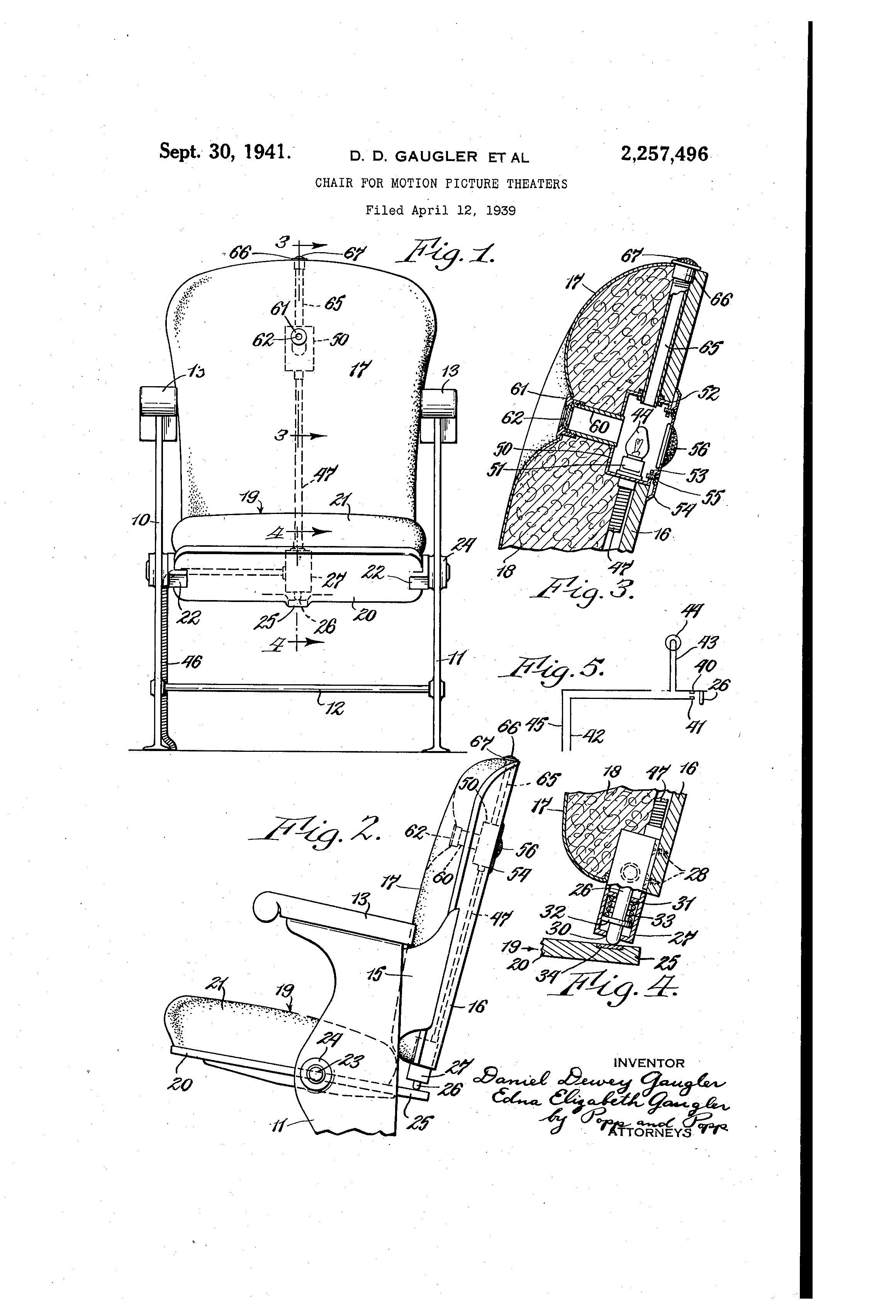 Patent US2257496 Chair for motion picture theaters Google Patents
