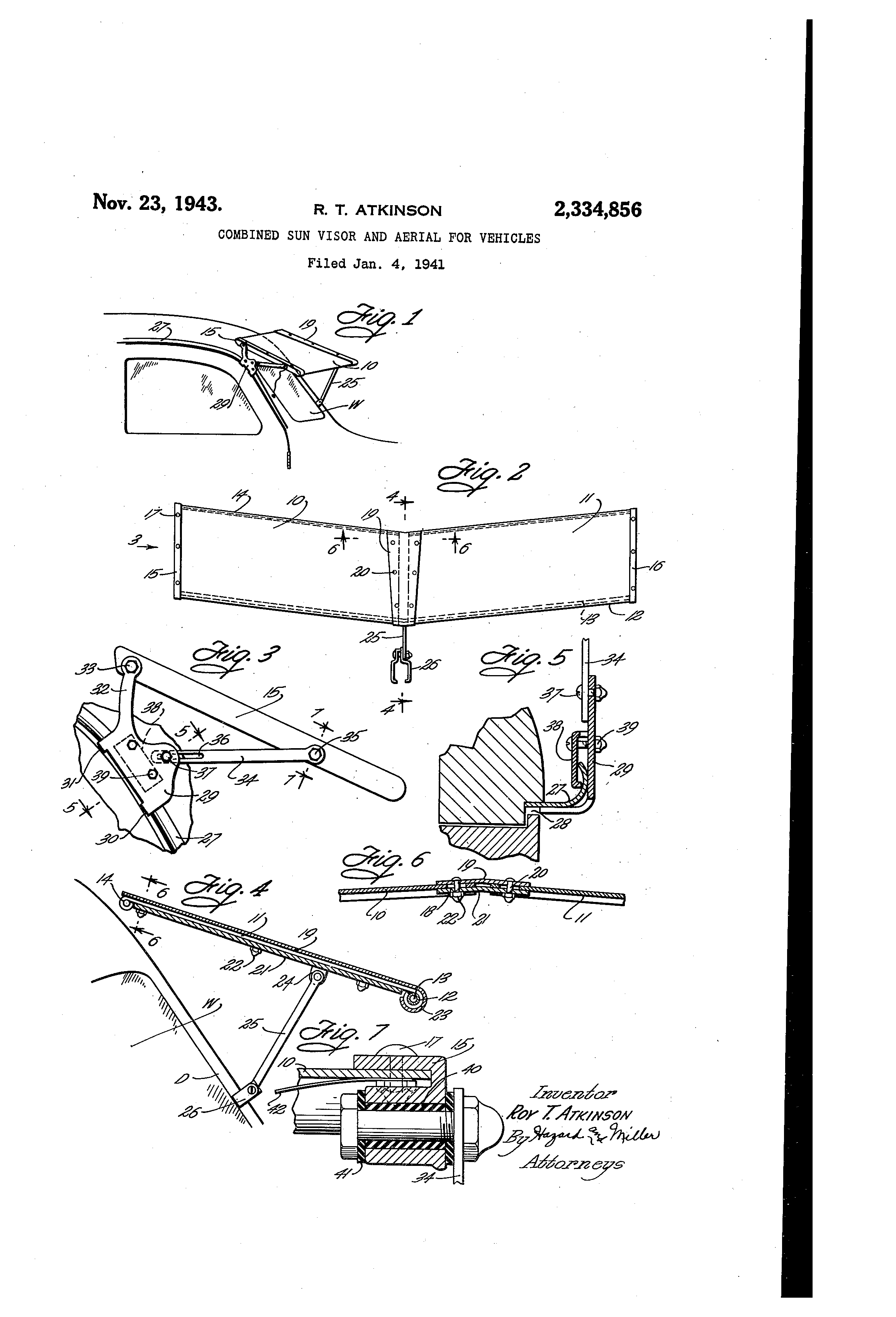Patent US2334856 Combined sun visor and aerial for vehicles Google