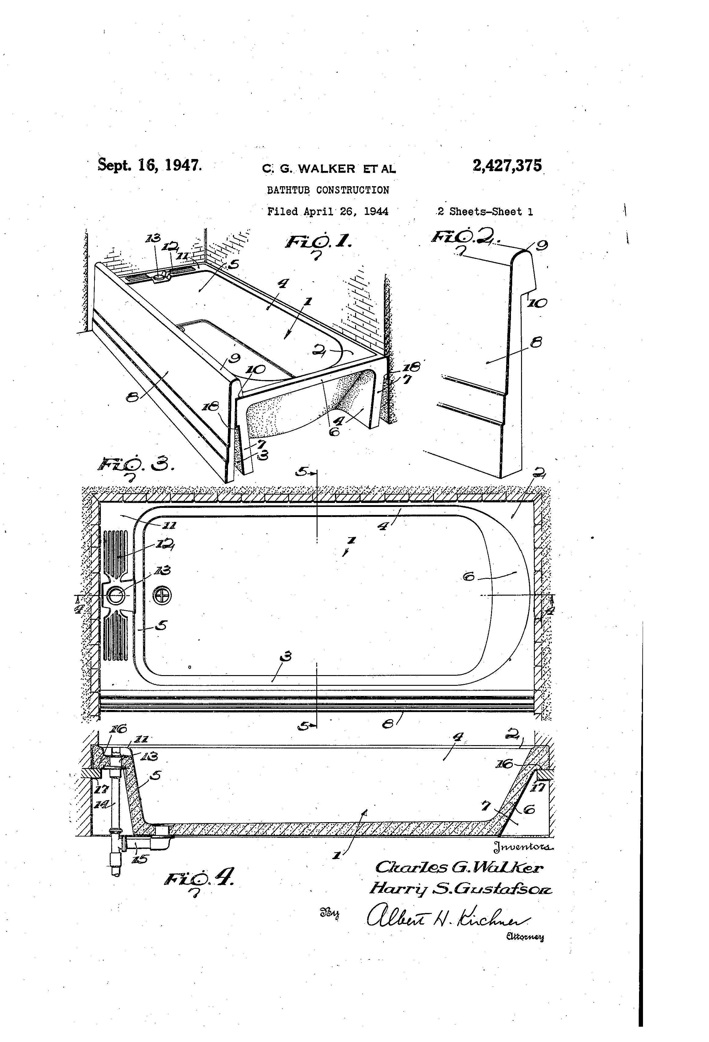 Patent Us2427375 Bathtub Construction Google Patents Patent Drawing