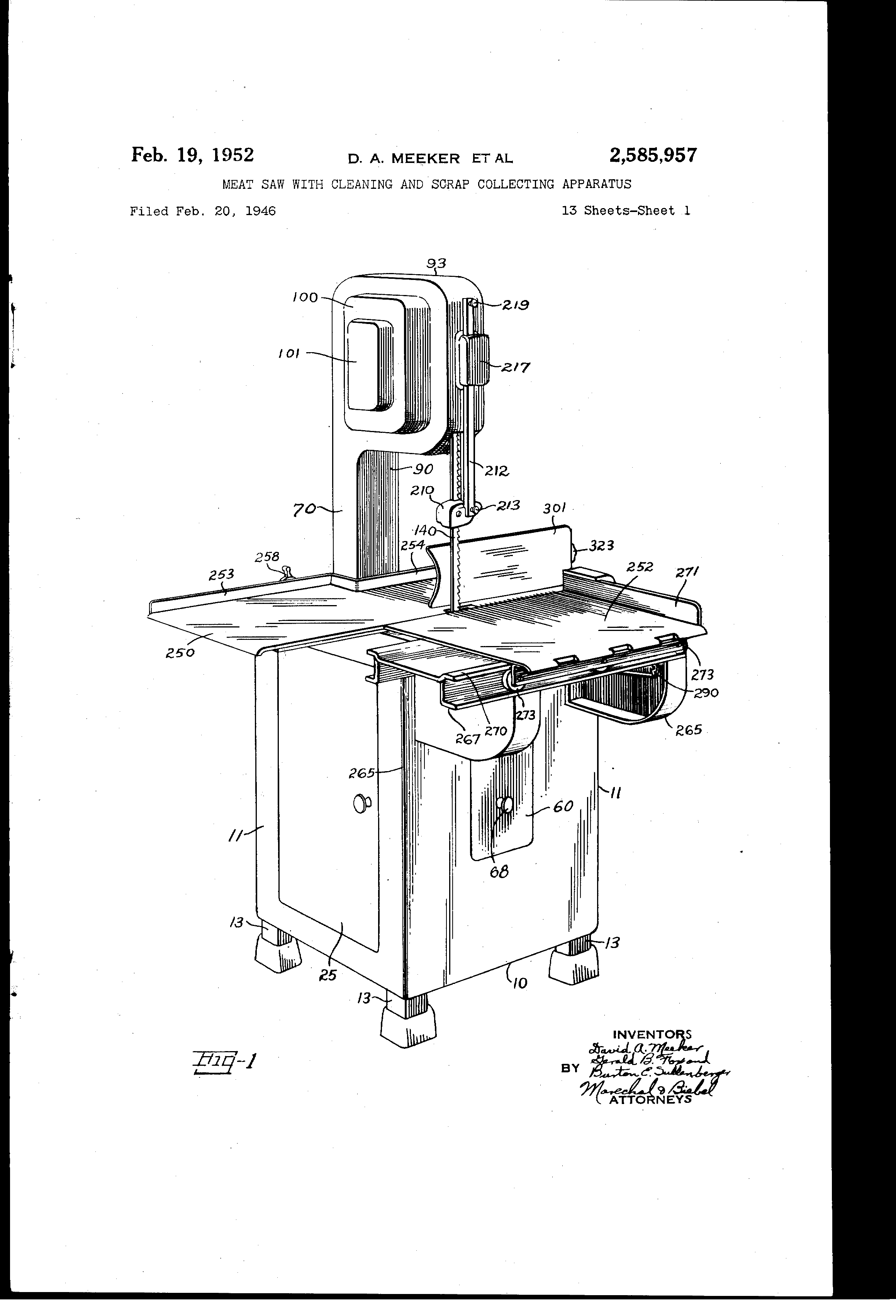 Patent US2585957 Meat saw with cleaning and scrap collecting