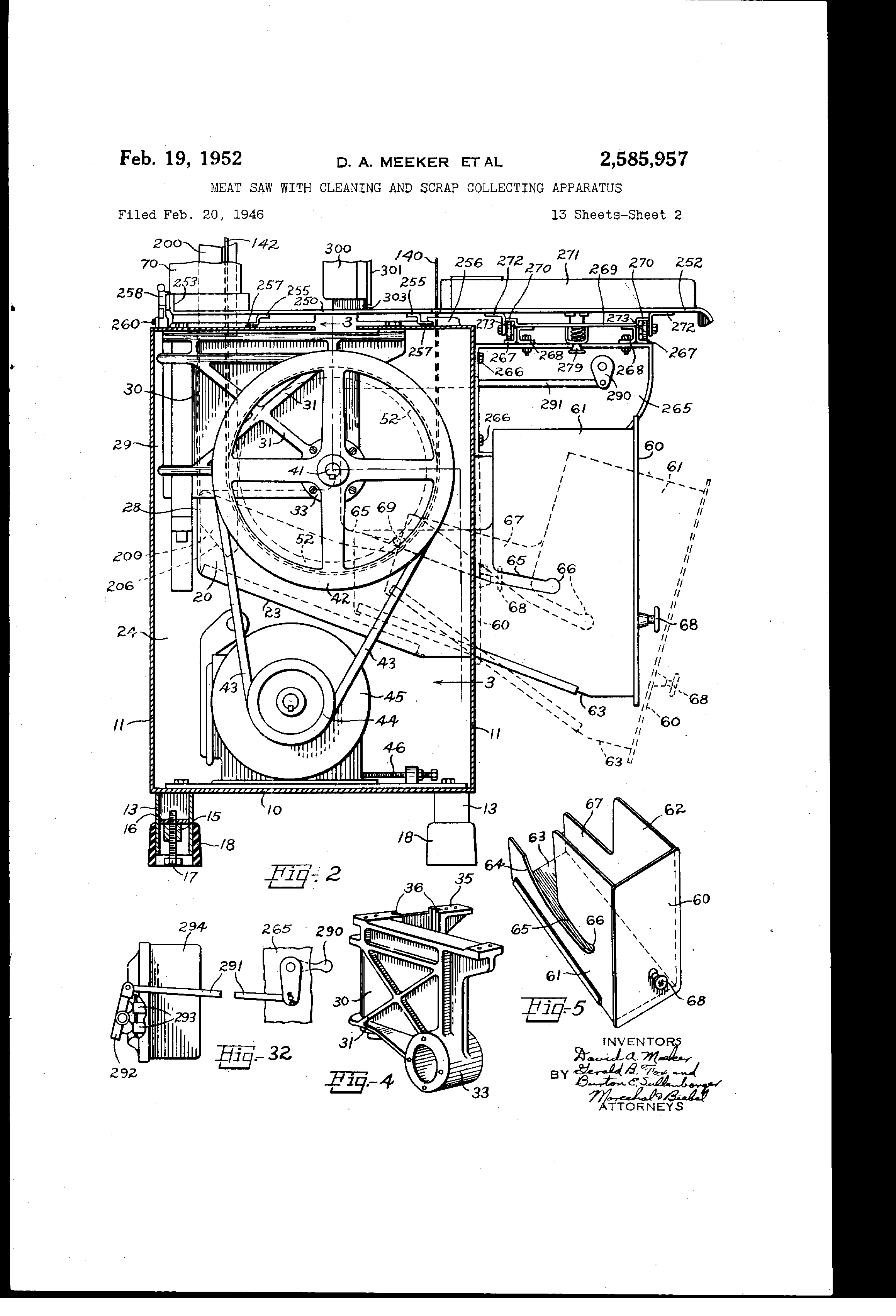 Patent US2585957 Meat saw with cleaning and scrap collecting