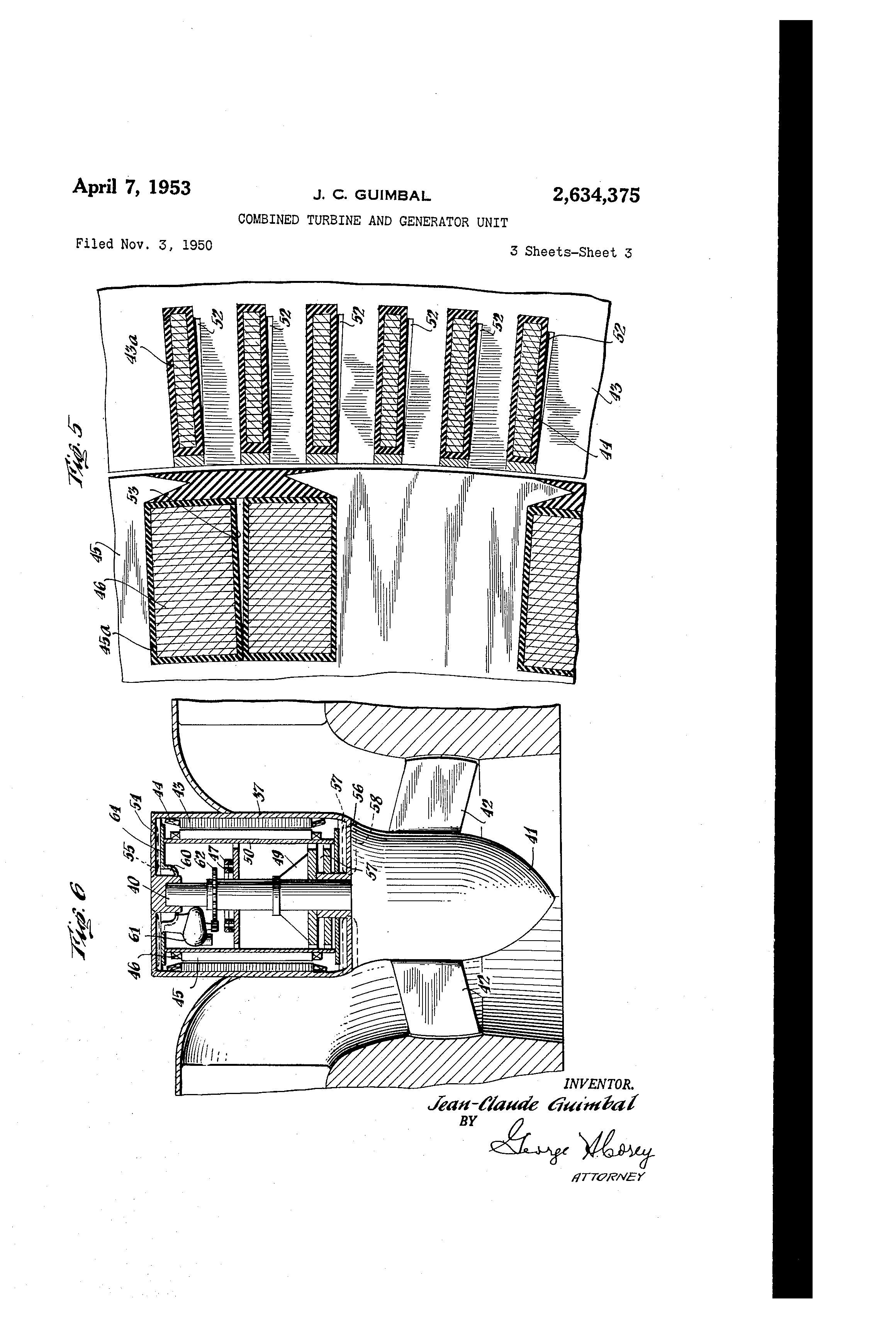 Patent US2634375 - Combined turbine and generator unit - Google Patents
