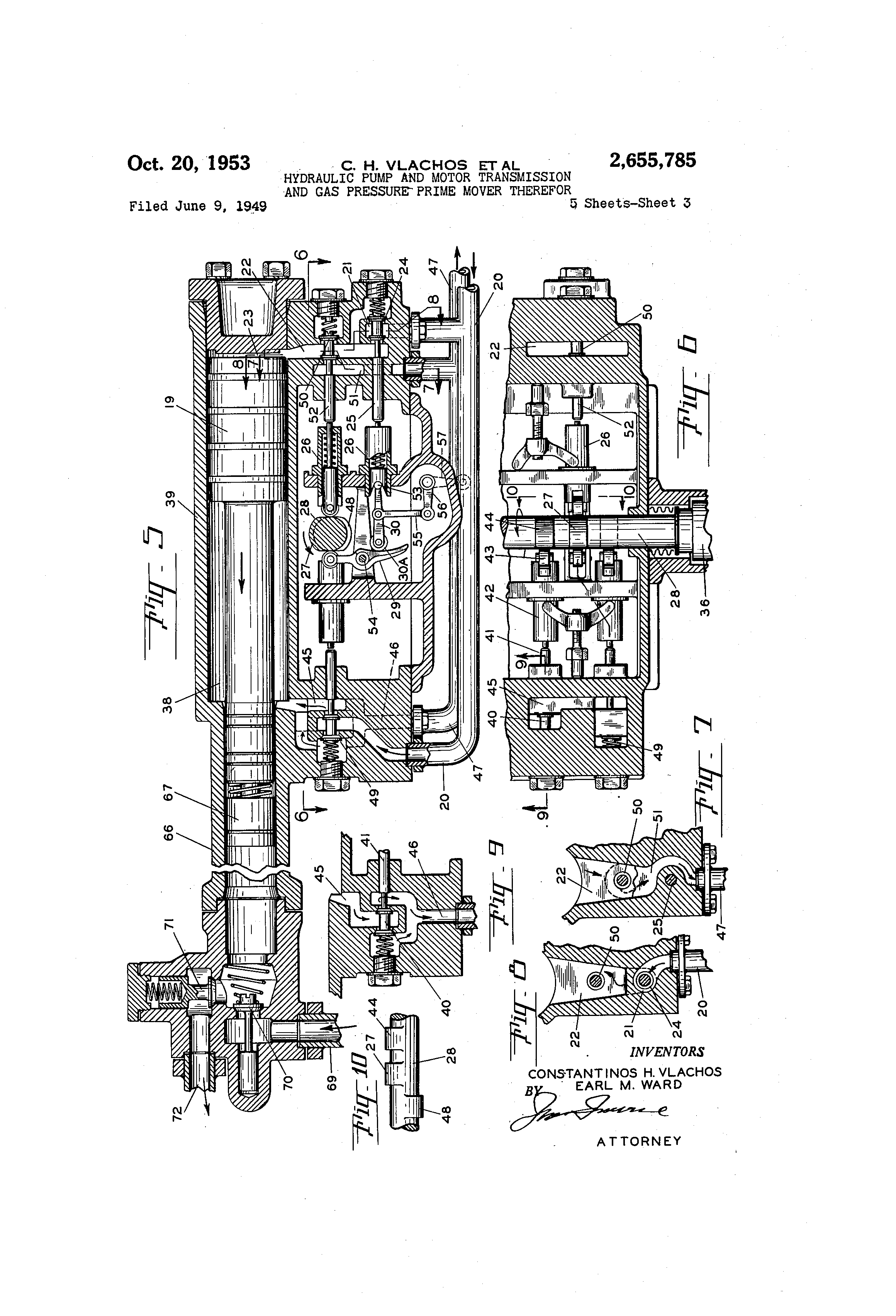 Patent US2655785 Hydraulic pump and motor transmission and gas