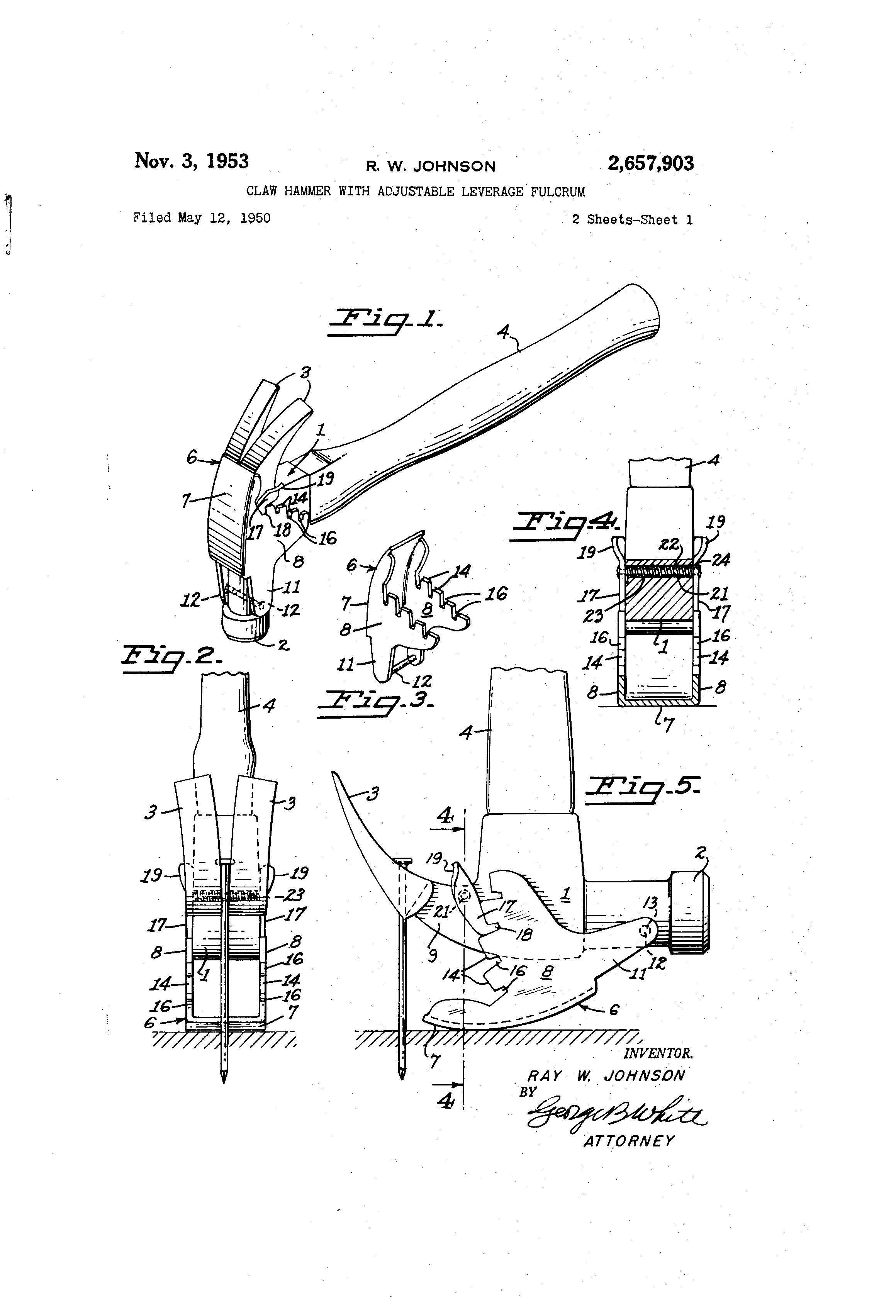 Patent US2657903 Claw hammer with adjustable leverage fulcrum
