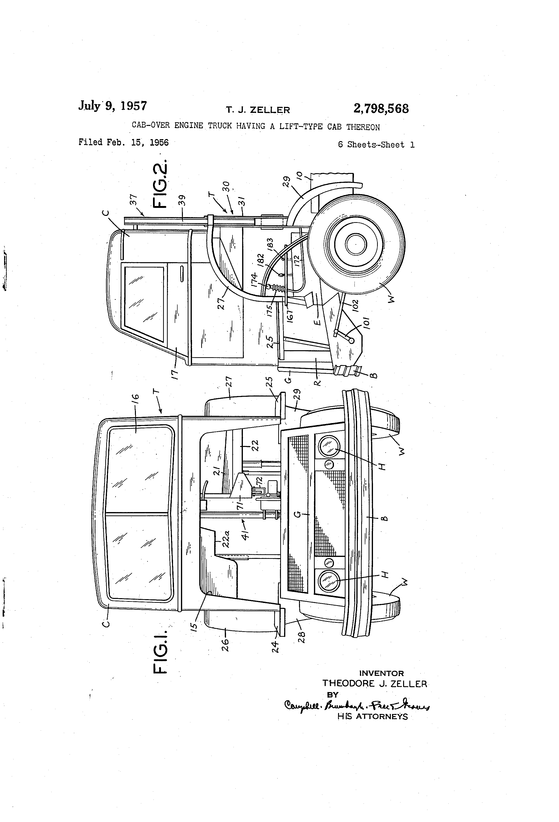 Patent US2798568 - Cab-over engine truck having a lift-type cab thereon