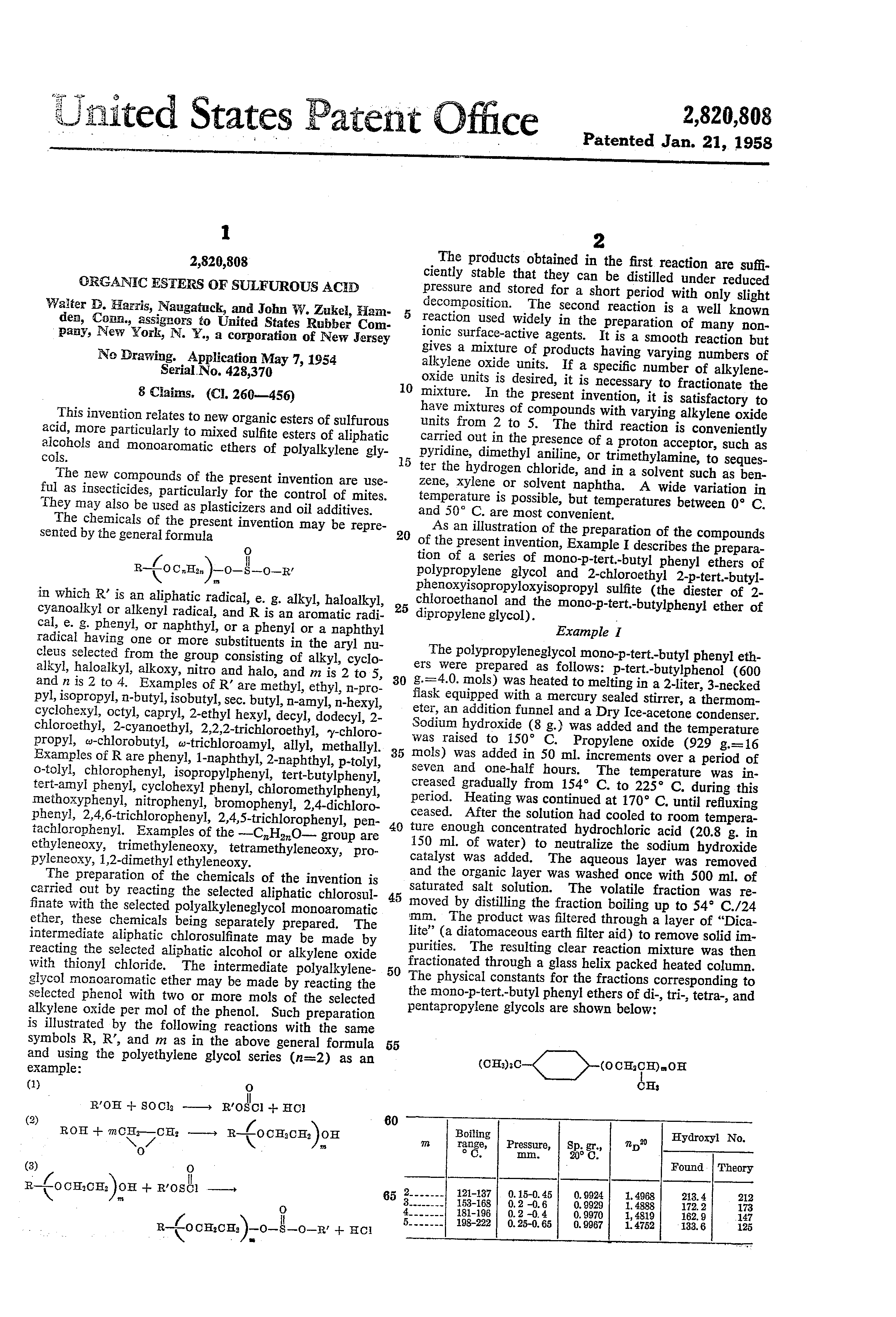 Patent Us2820808 Organic Esters Of Sulfurous Acid Google Patents Patent Drawing