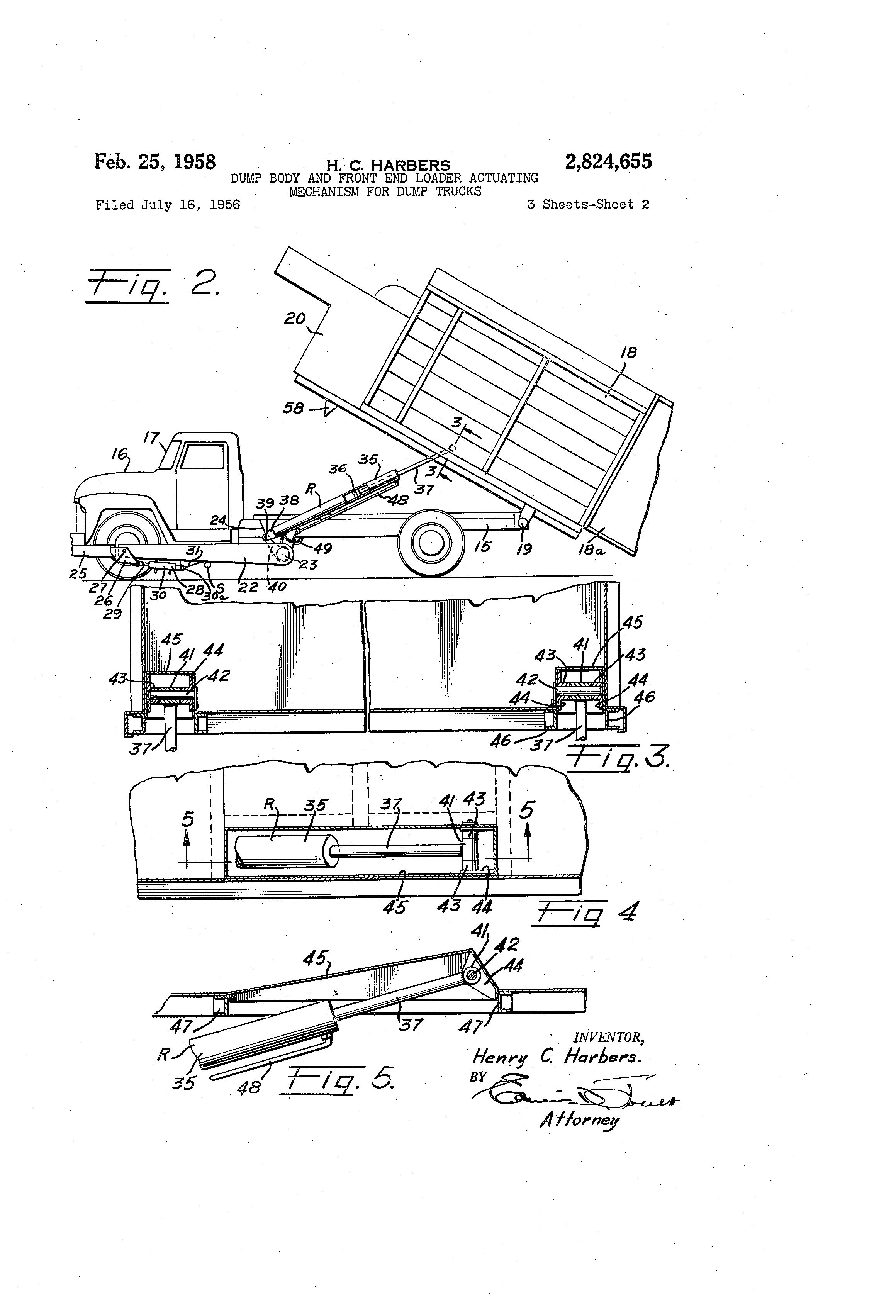 Patent US2824655 Dump body and front end loader actuating mechanism
