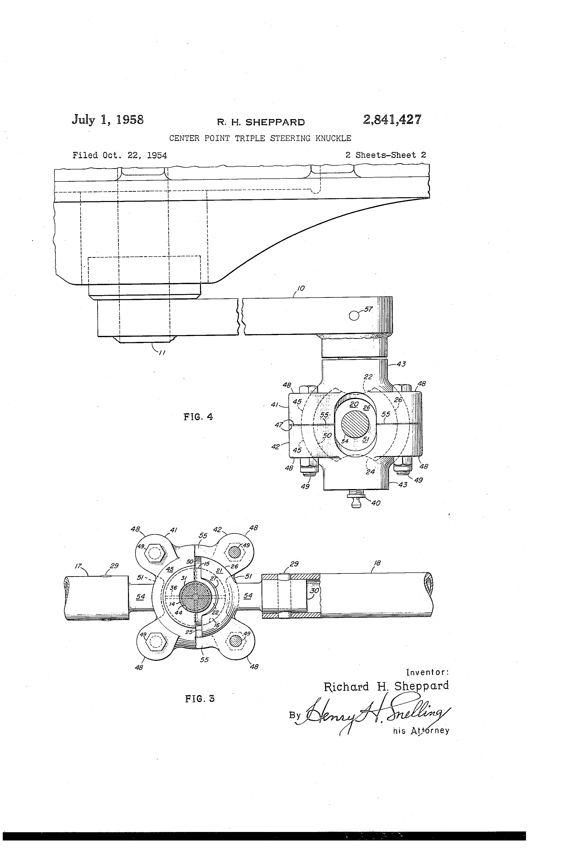 Patent Us2841427 Center Point Triple Steering Knuckle Google Patents Patent Drawing