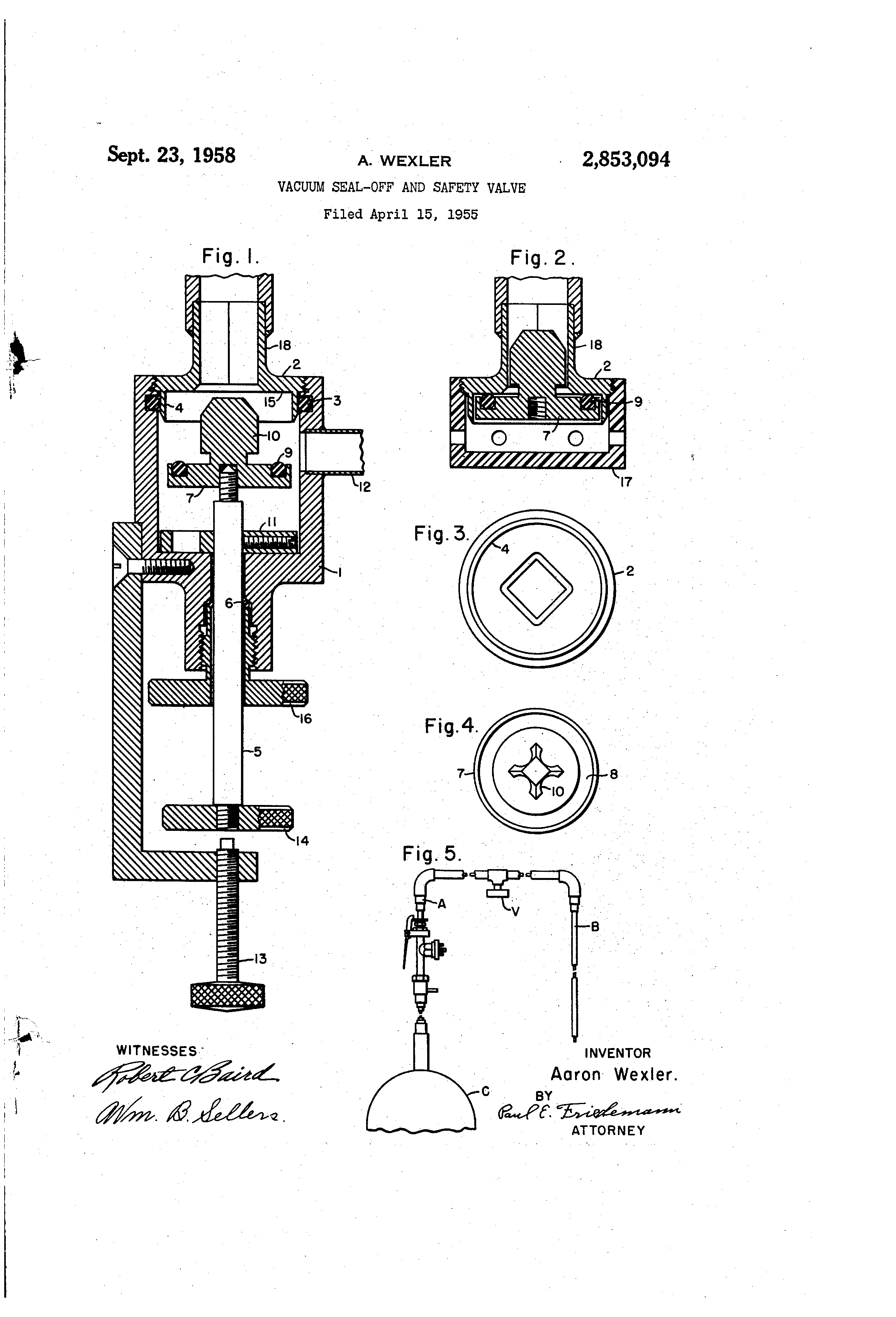 Patent US2853094 Vacuum sealoff and safety valve Google Patents