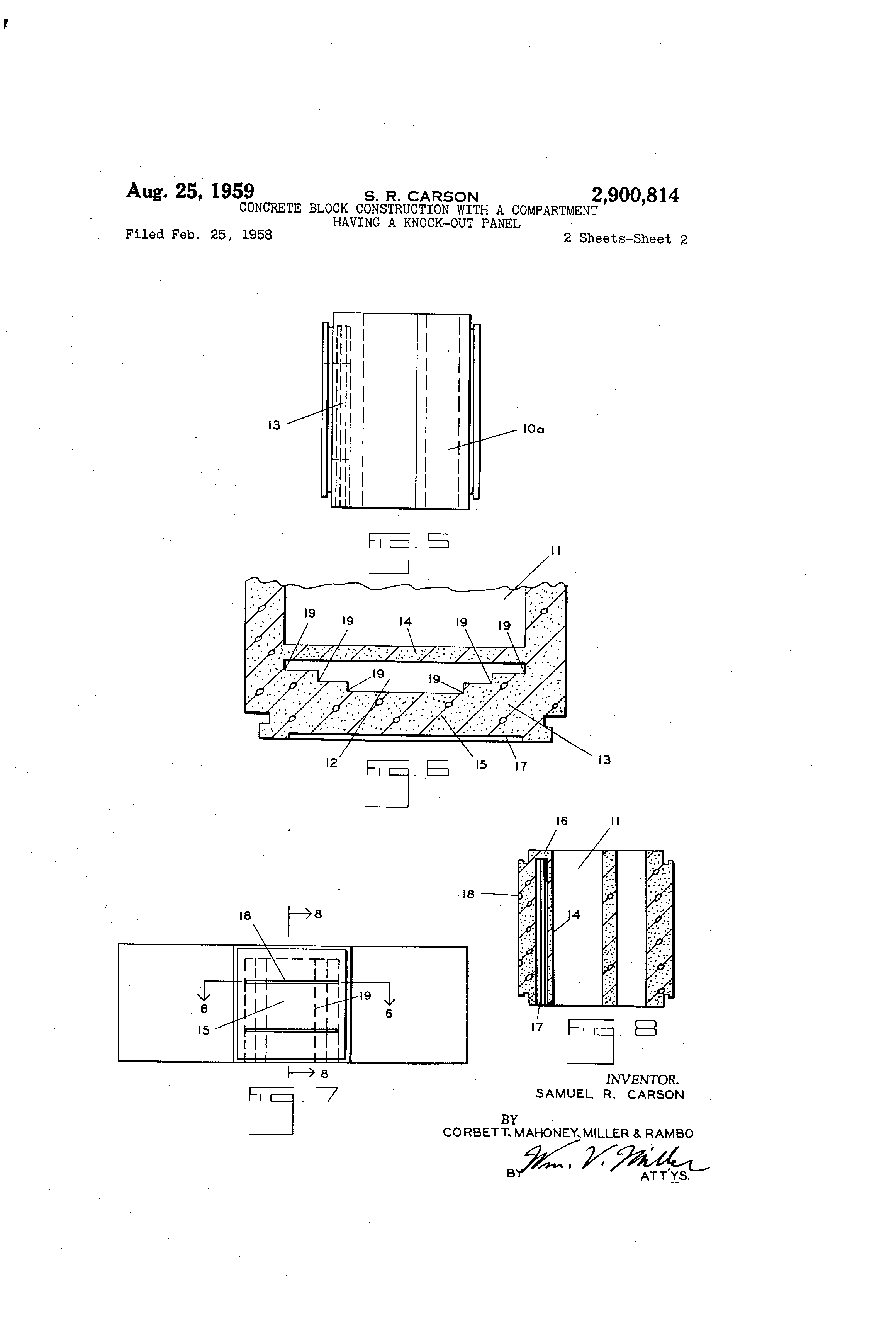 Patent US2900814 Concrete block construction with a compartment