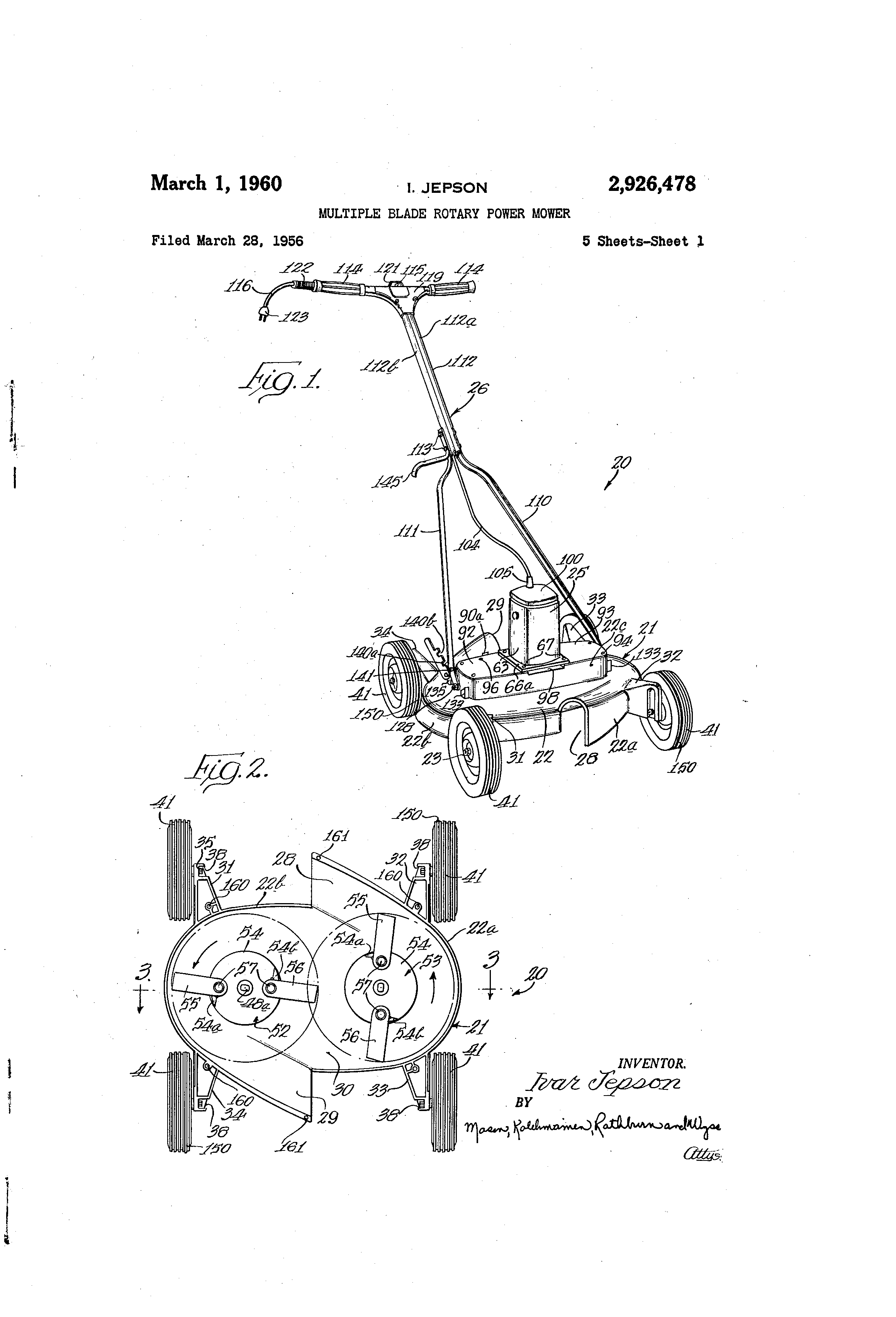 Patent US2926478 Multiple blade rotary power mower Google Patents