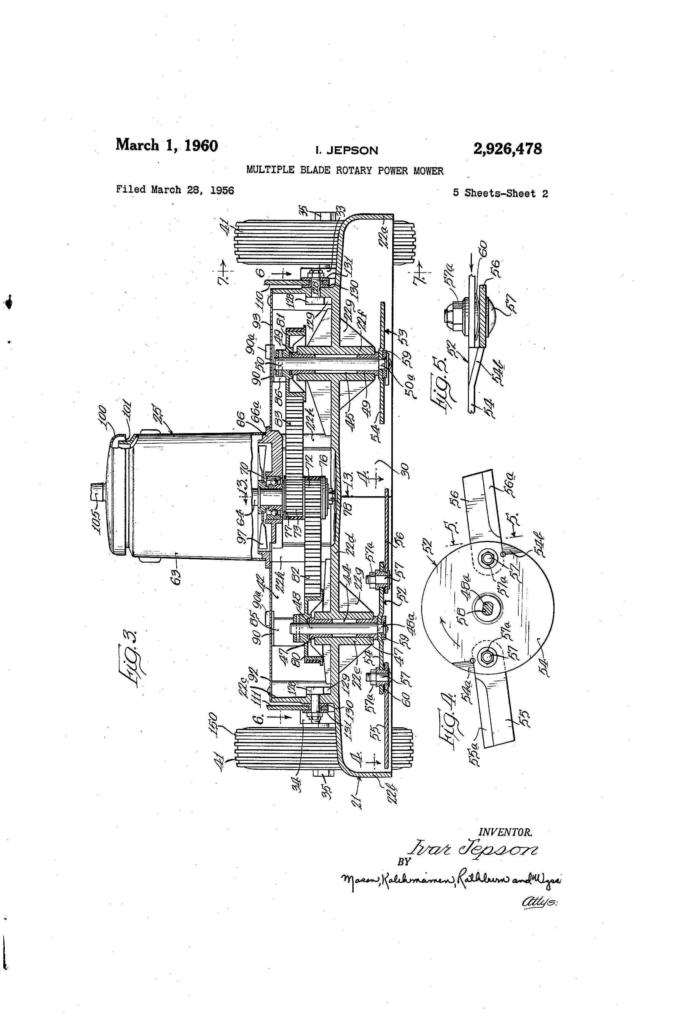 Patent US2926478 Multiple blade rotary power mower Google Patents
