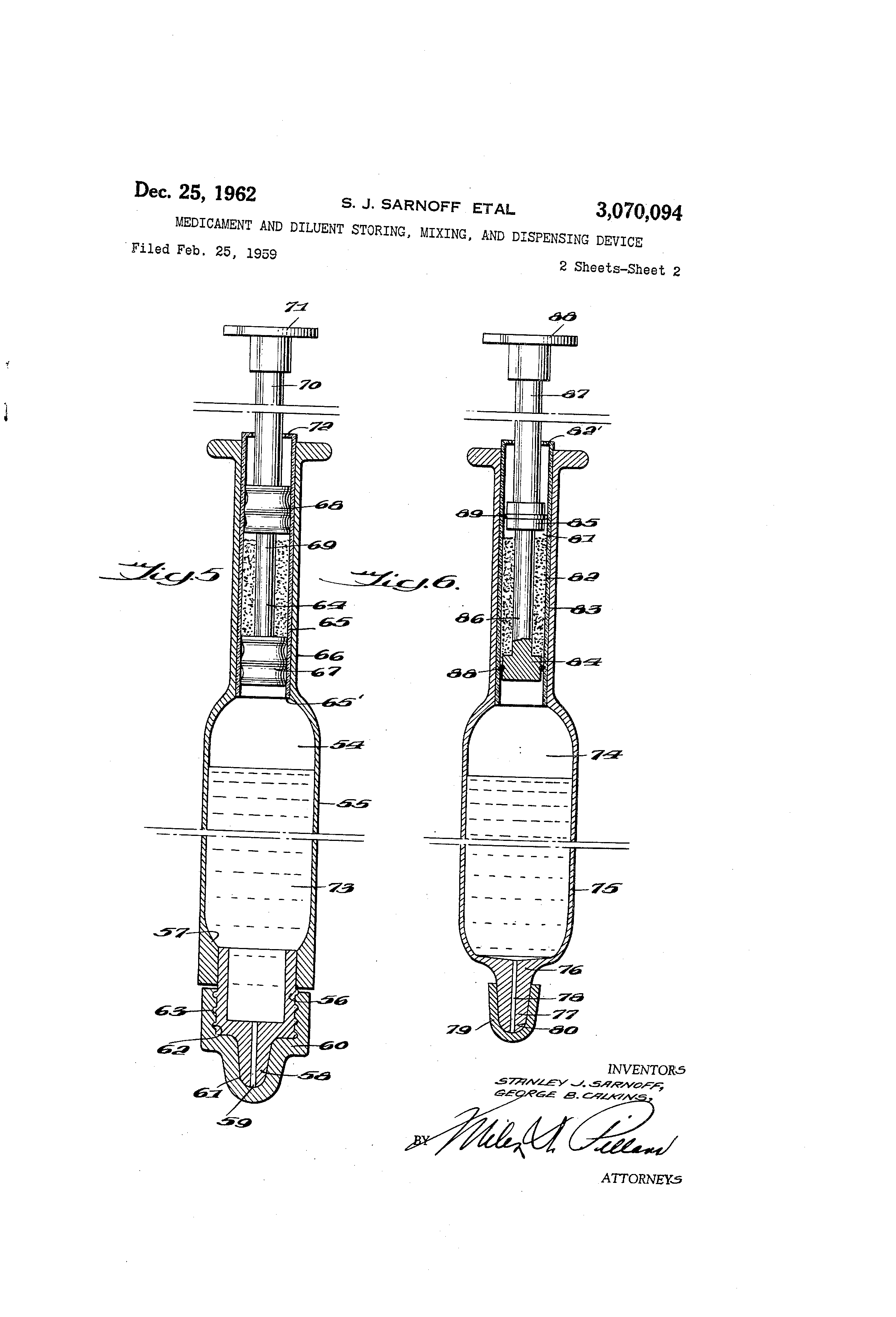 Patent US3070094 Medicament and diluent storing, mixing, and