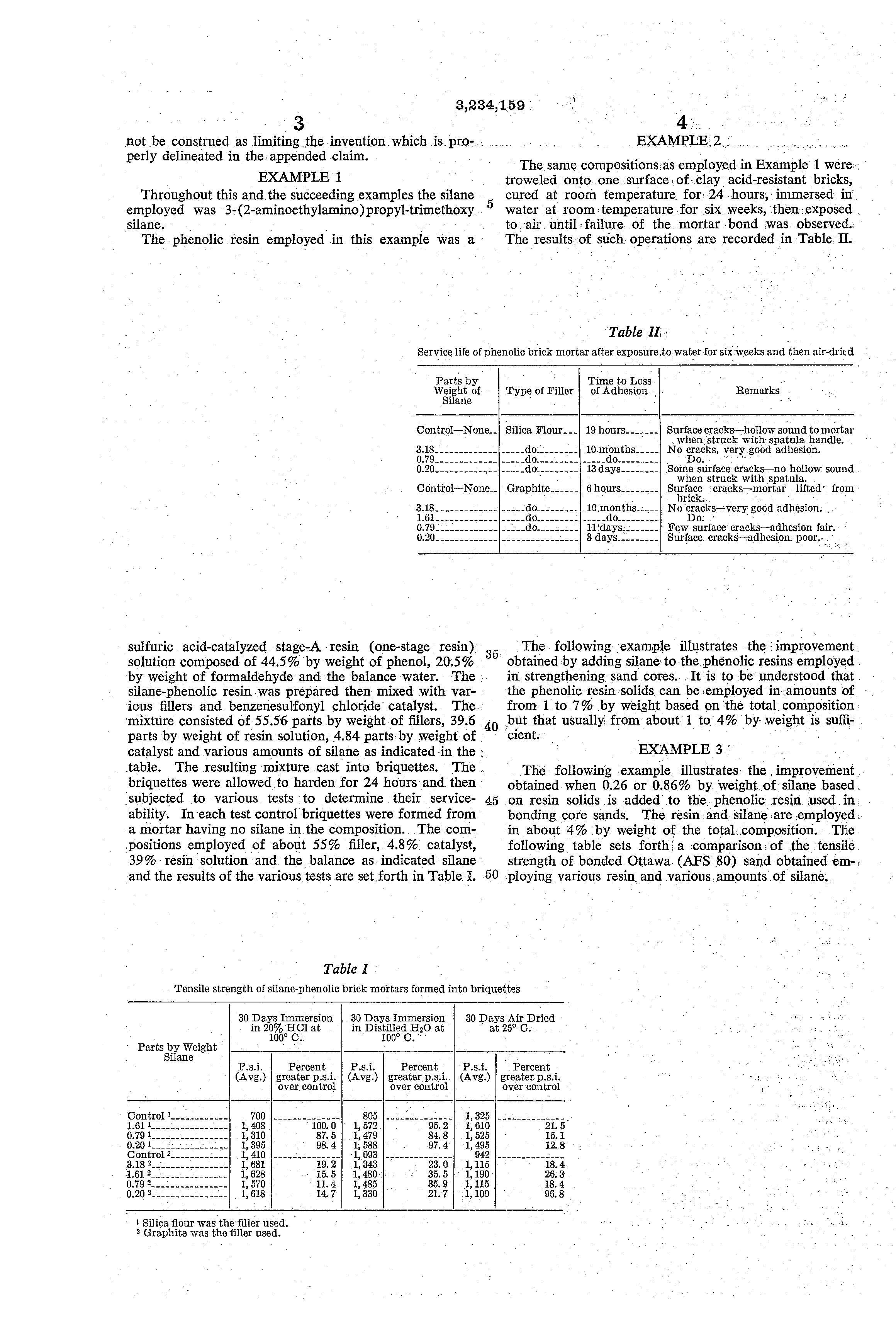Patent US3234159 Phenolic resins containing amino functional silanes for use in cements and Patent US3234159 Phenolic resins containing amino functional silanes for use in cements and
