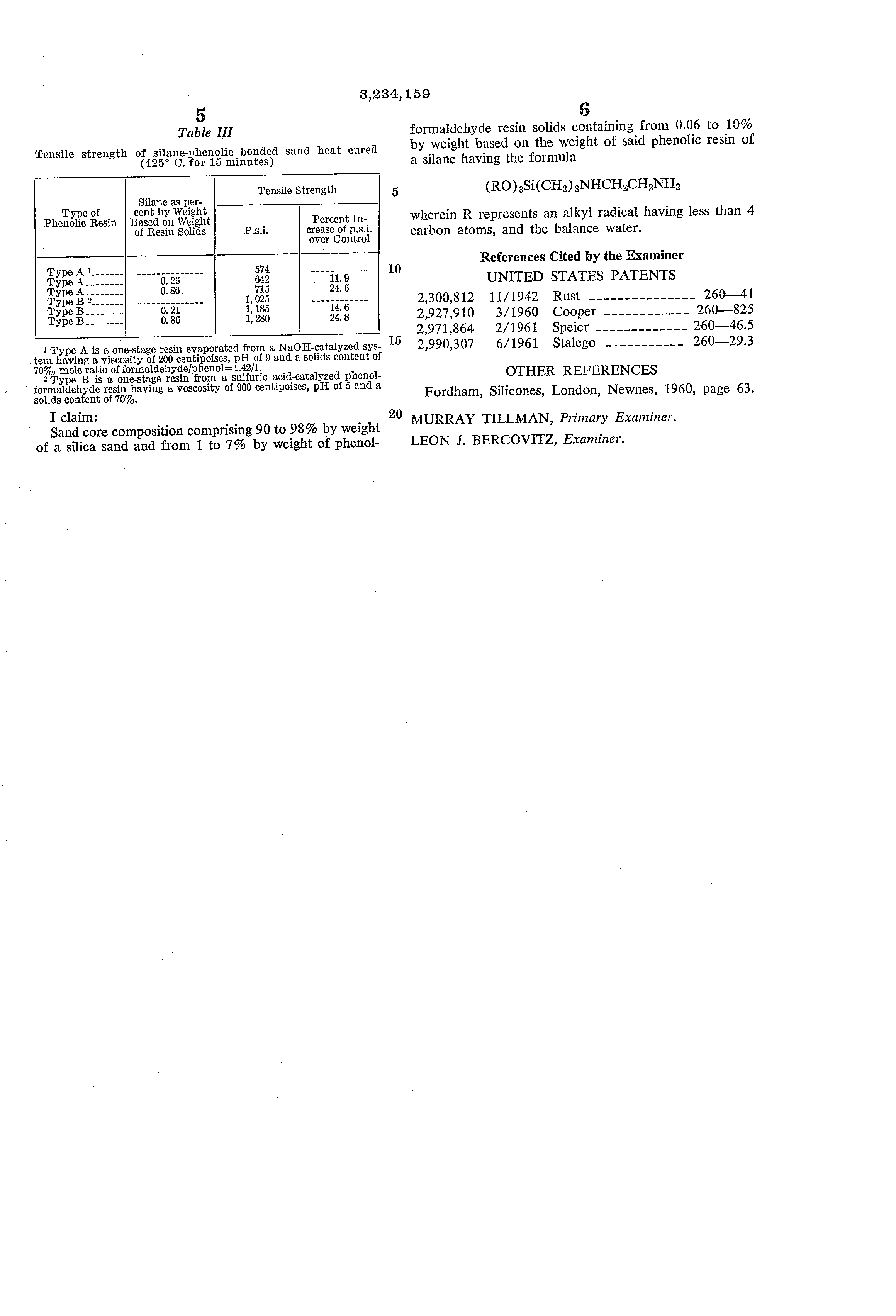 Patent US3234159 Phenolic resins containing amino functional silanes for use in cements and Patent US3234159 Phenolic resins containing amino functional silanes for use in cements and
