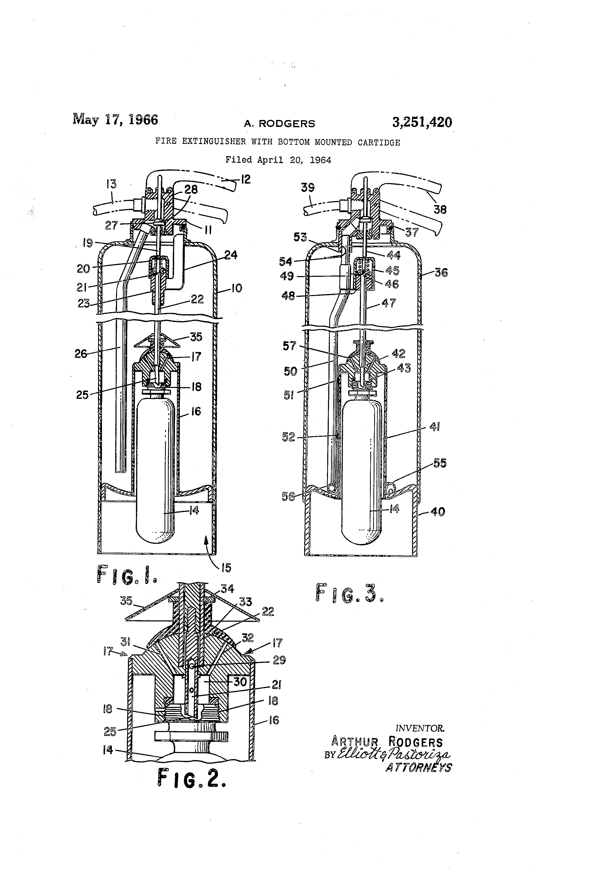 Patent US3251420 Fire extinguisher with bottom mounted cartridge