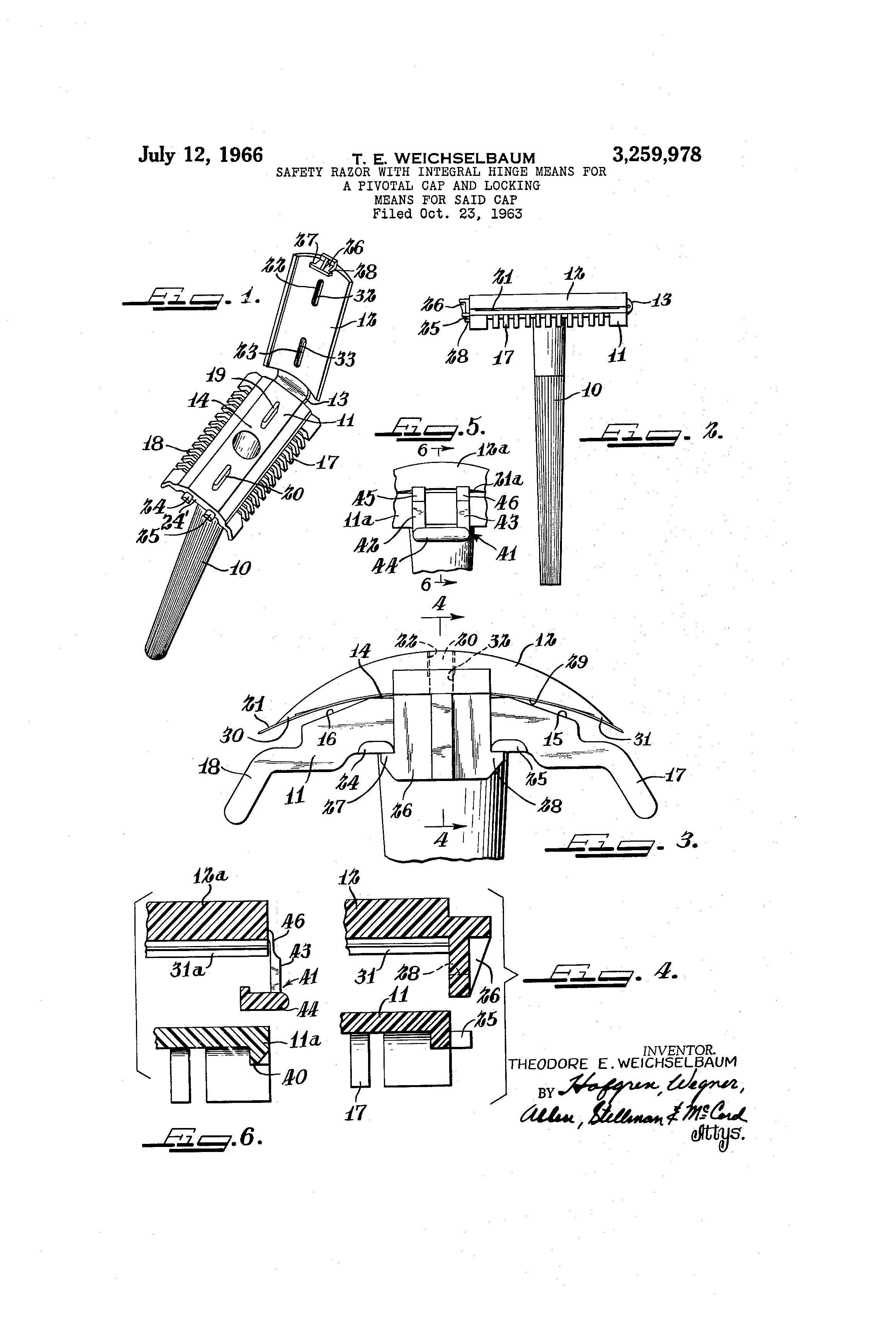 Patent US3259978 Safety razor with integral hinge means for a pivotal
