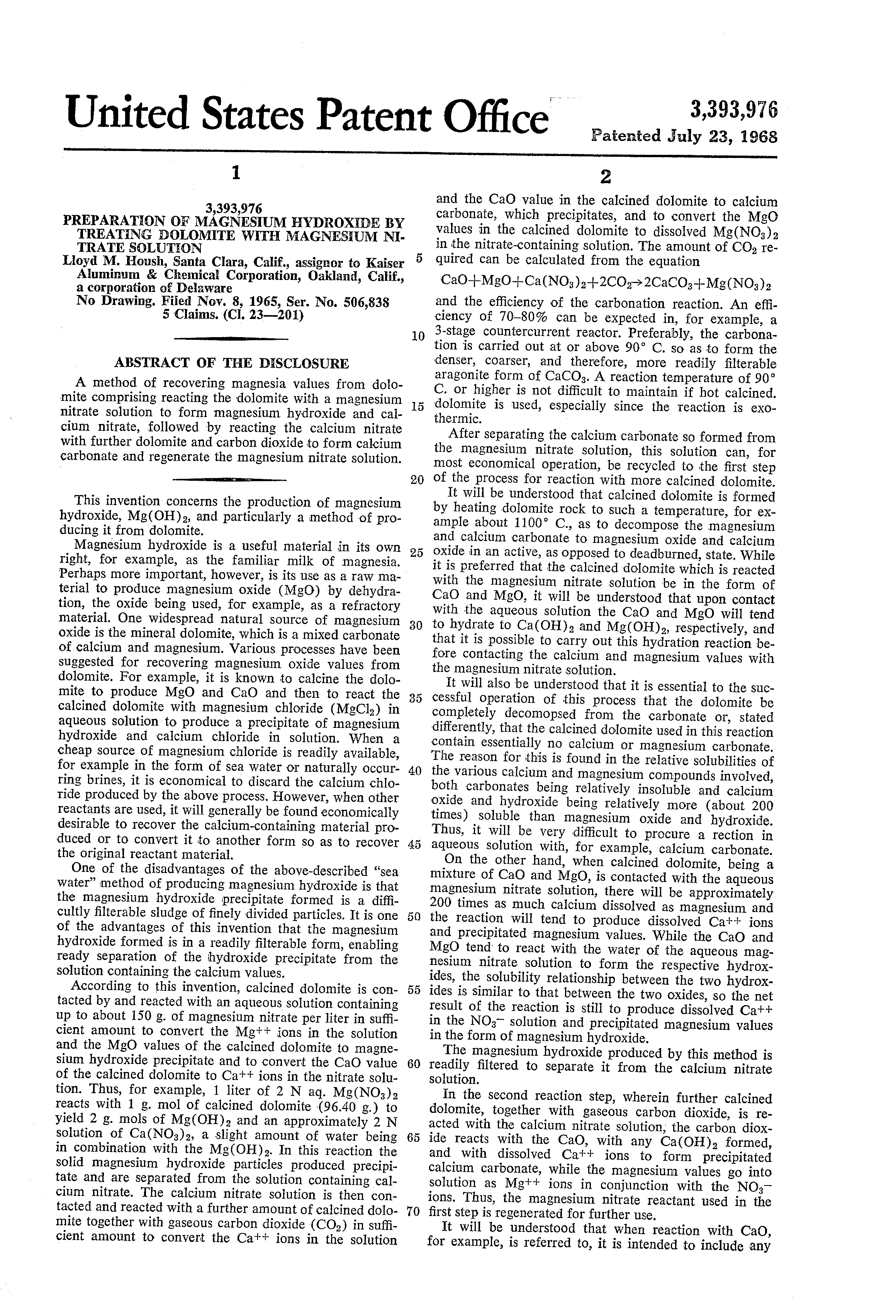 Patent Us3393976 Preparation Of Magnesium Hydroxide By Treating Patent Drawing