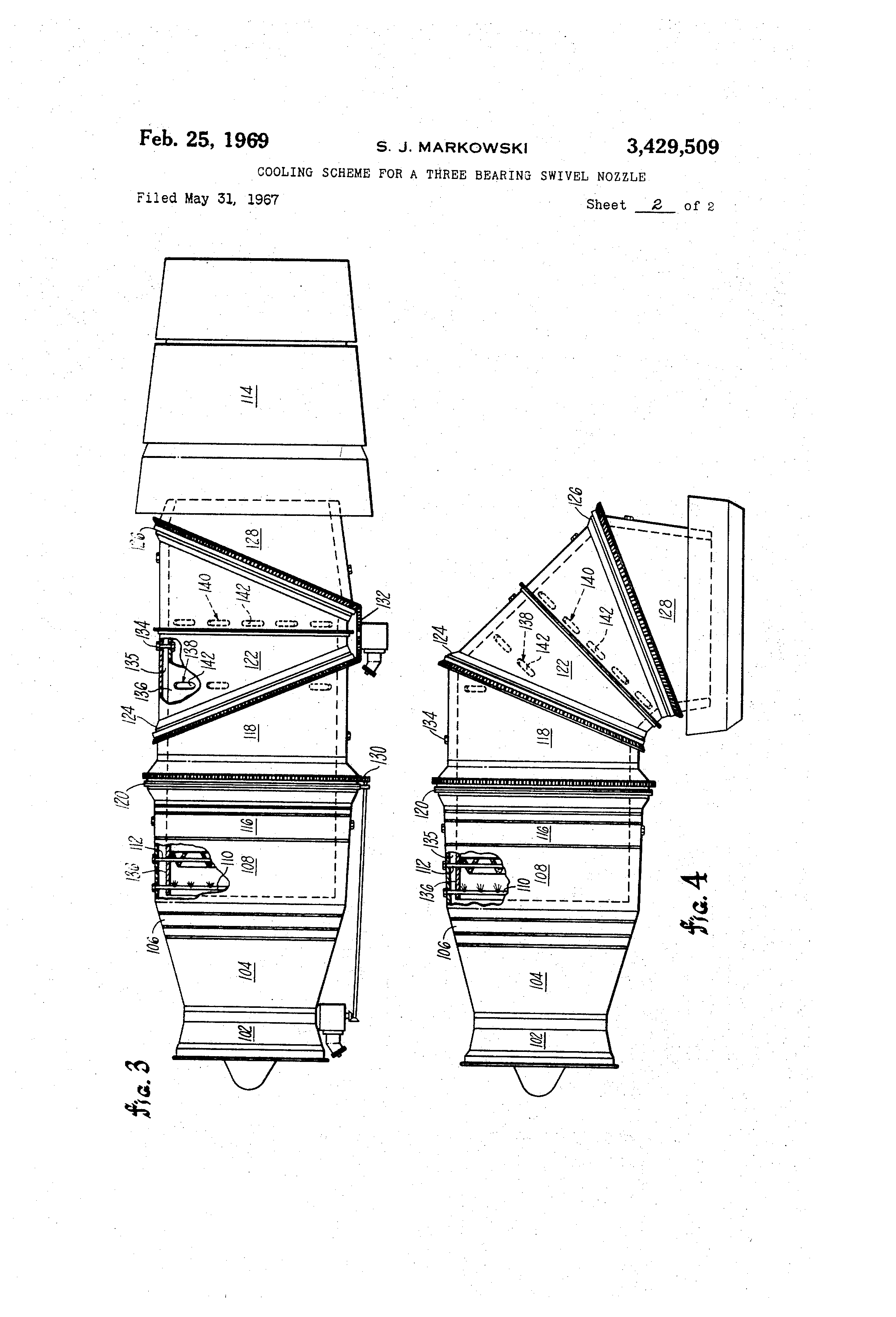 Patent US3429509 Cooling scheme for a three bearing swivel nozzle