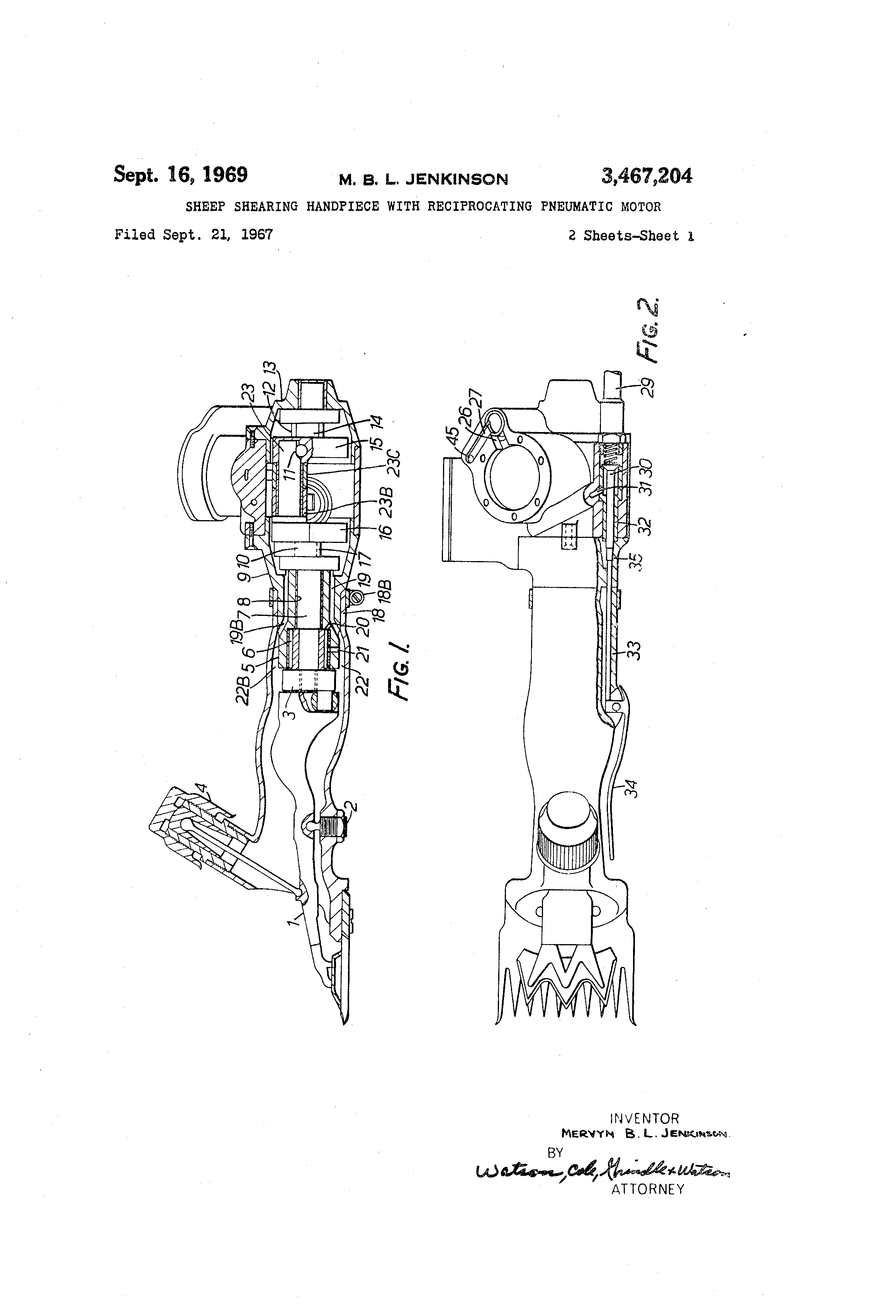 Patent US3467204 Sheep shearing handpiece with reciprocating