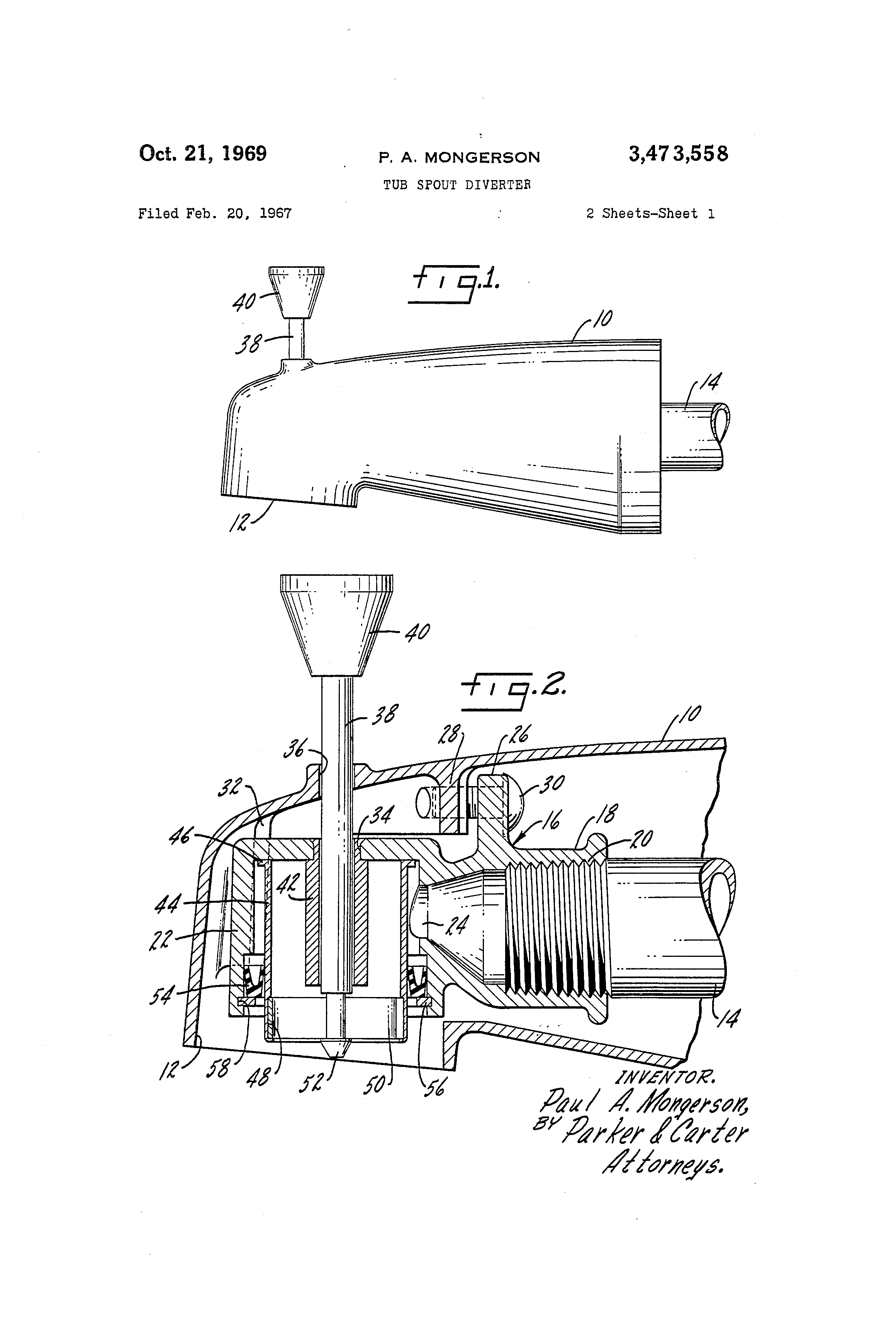 Patent Us3473558 Tub Spout Diverter Google Patents Patent Drawing