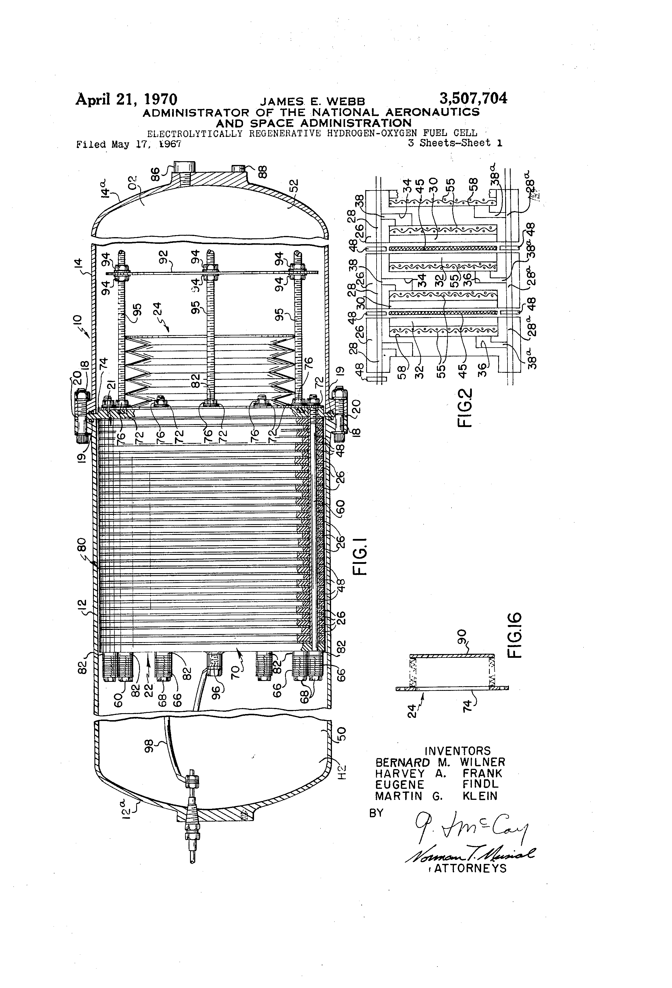 Patent US3507704 Electrolytically regenerative hydrogenoxygen fuel