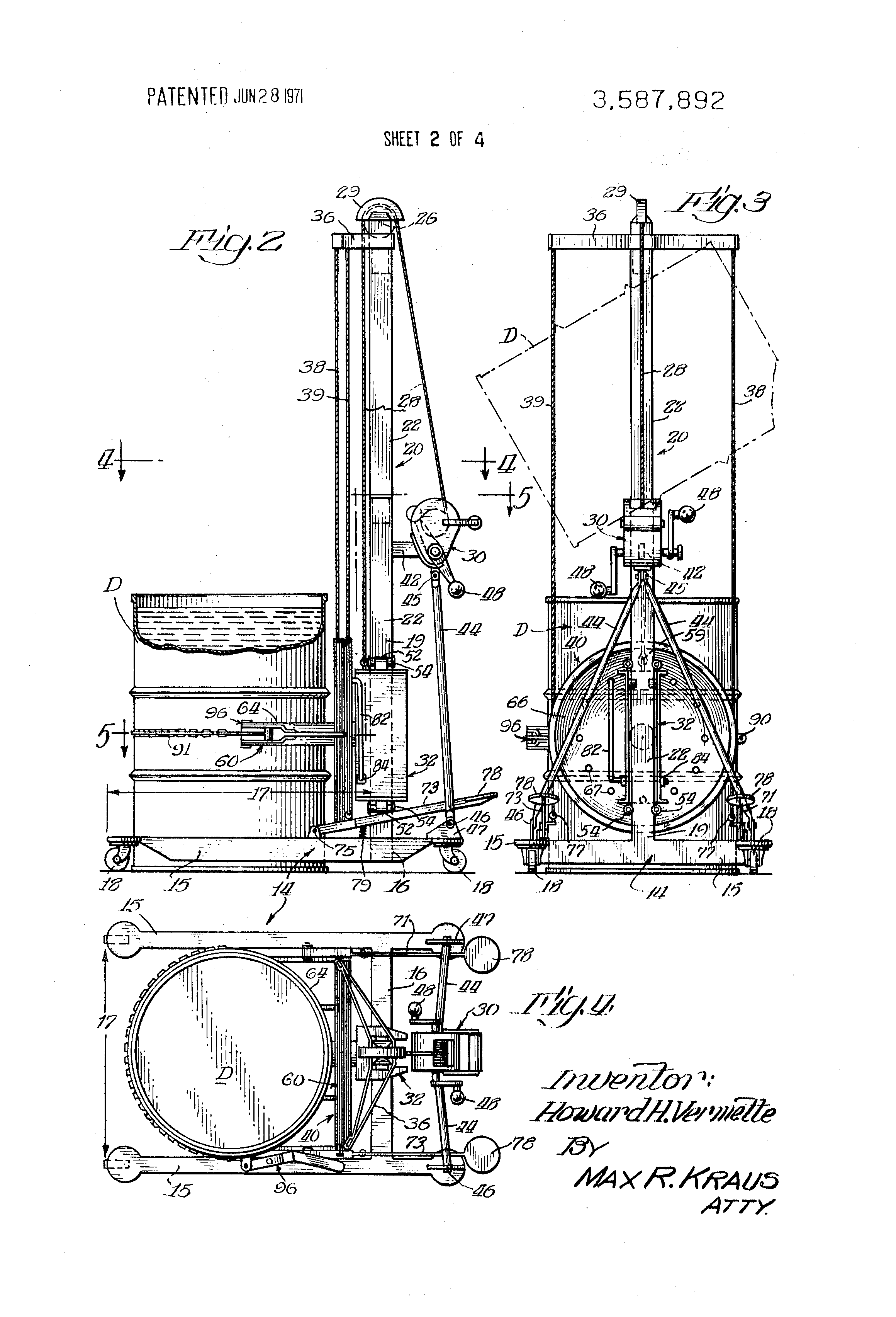 Patent US3587892 Device for elevating,as well as tipping or tilting