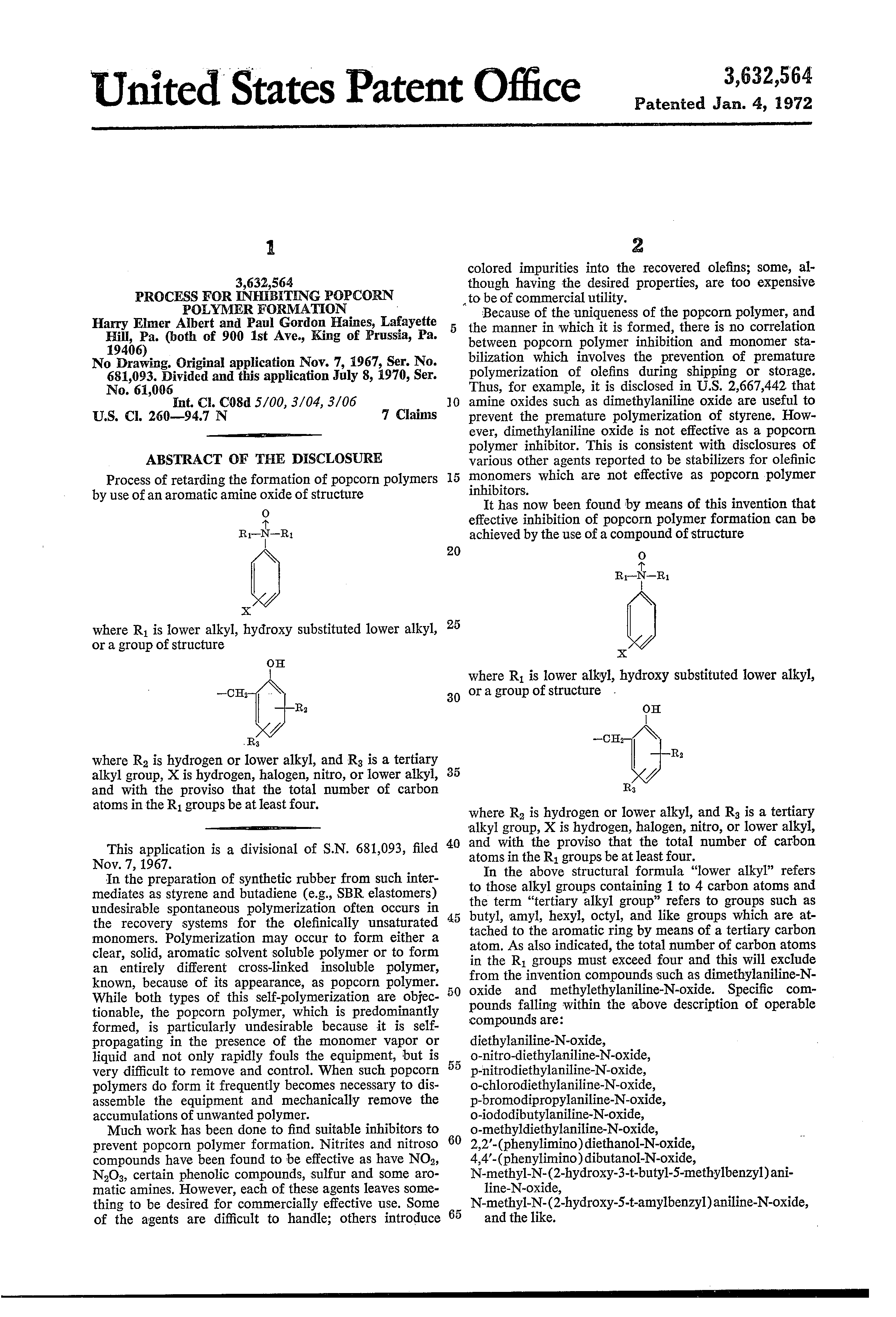 Patent US3632564 Process for inhibiting popcorn polymer formation