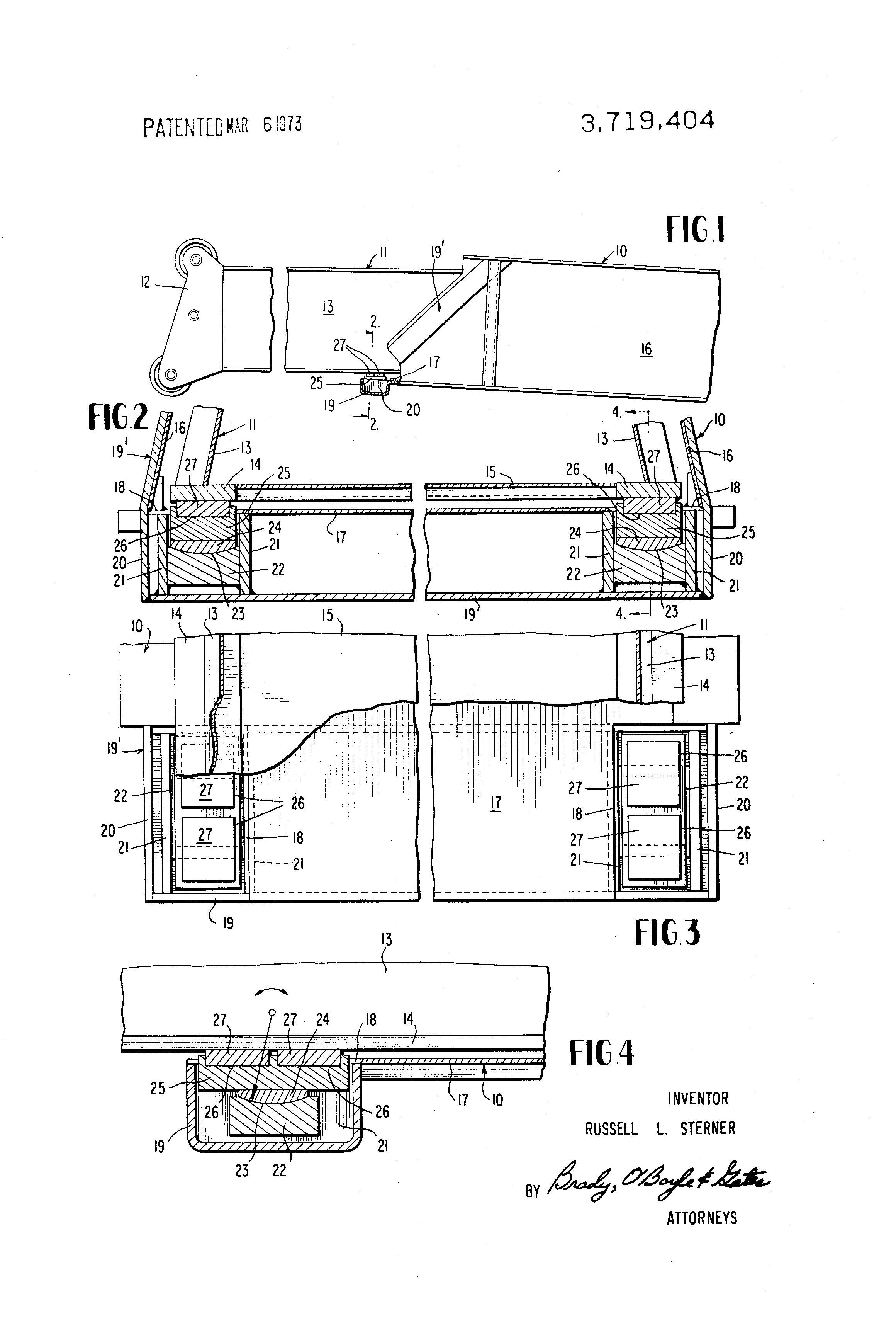 Patent US3719404 Crane boom having universally swiveled wear pads