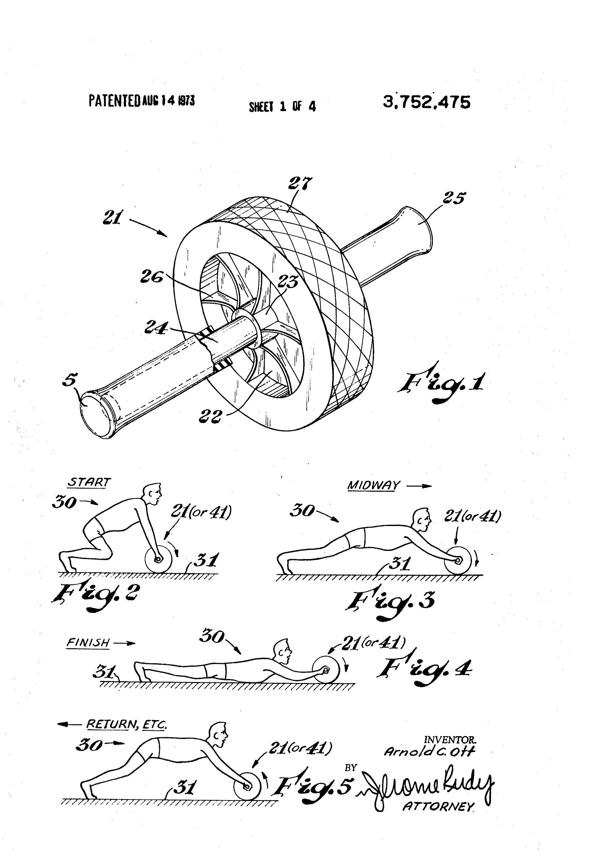 Patent US3752475 Axle mounted Wheel Exercising Device With Spring