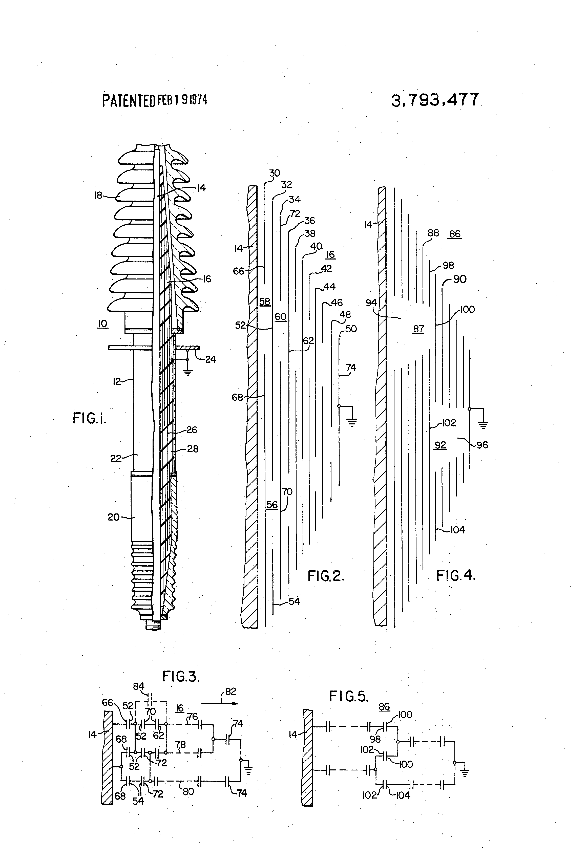 Patent US3793477 Condenser bushing having displaced gaps between