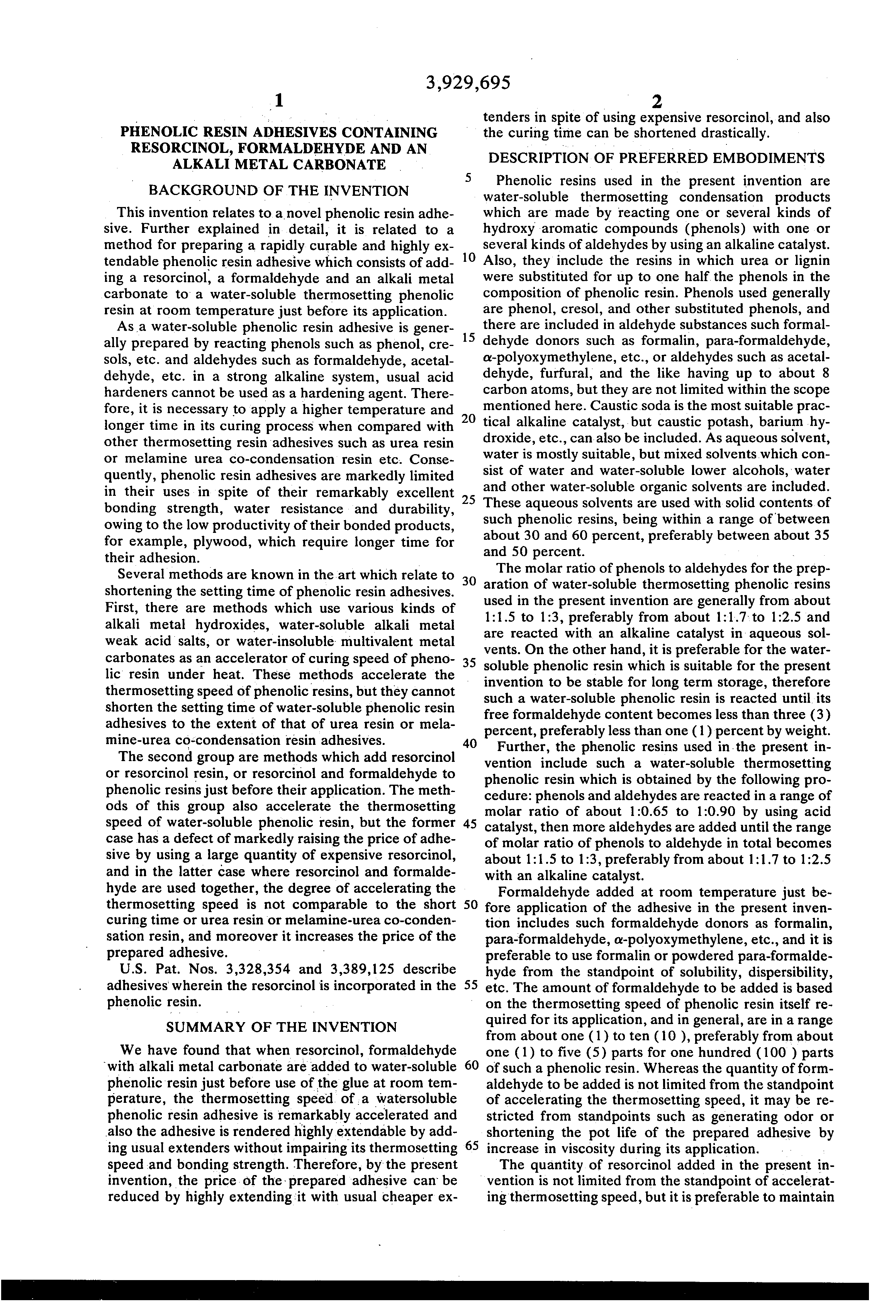 Patent US3929695 Phenolic resin adhesives containing resorcinol