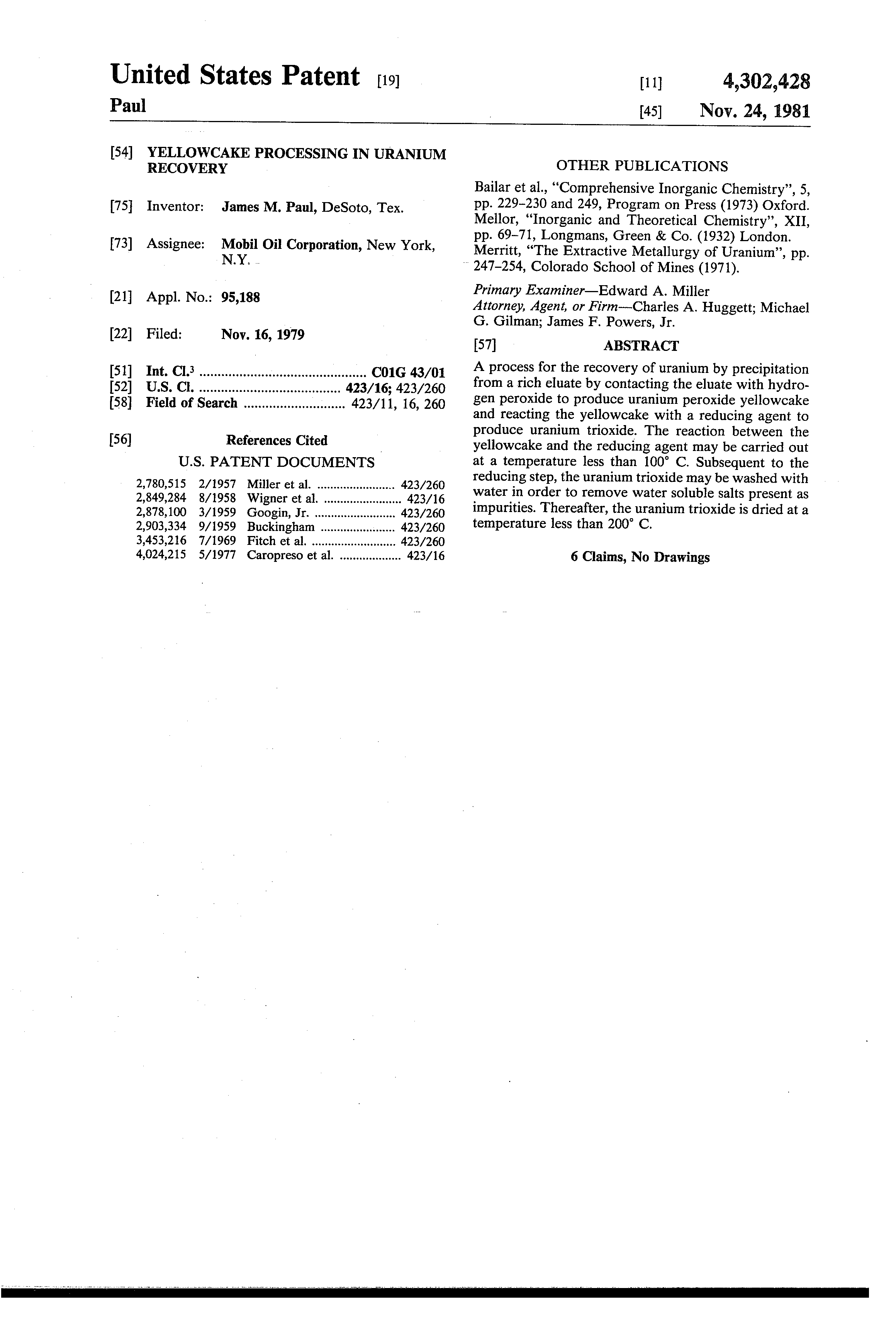 Patent US Yellowcake processing in uranium recovery Patent US Yellowcake processing in uranium recovery